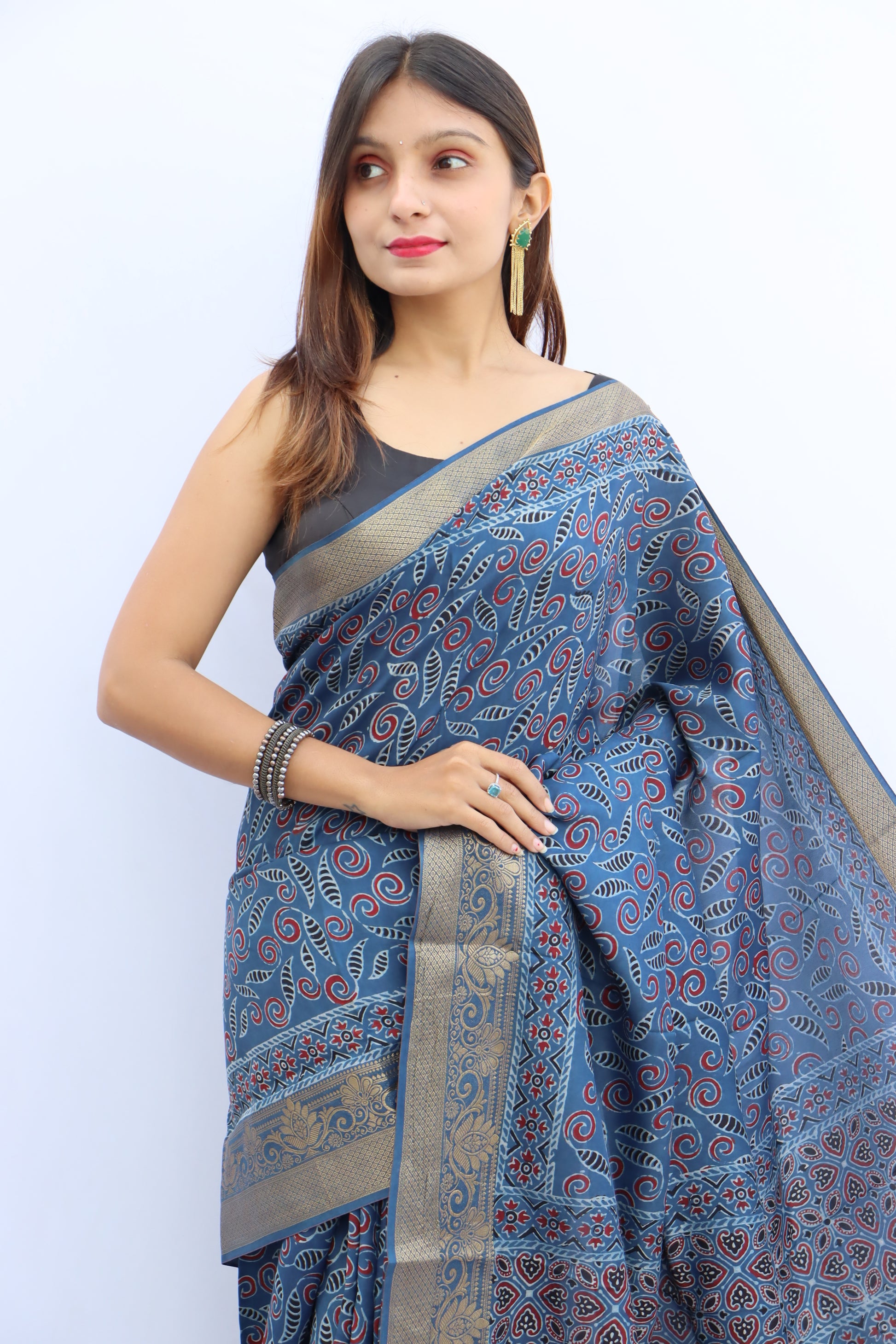 Ajrakh Dola Silk Saree