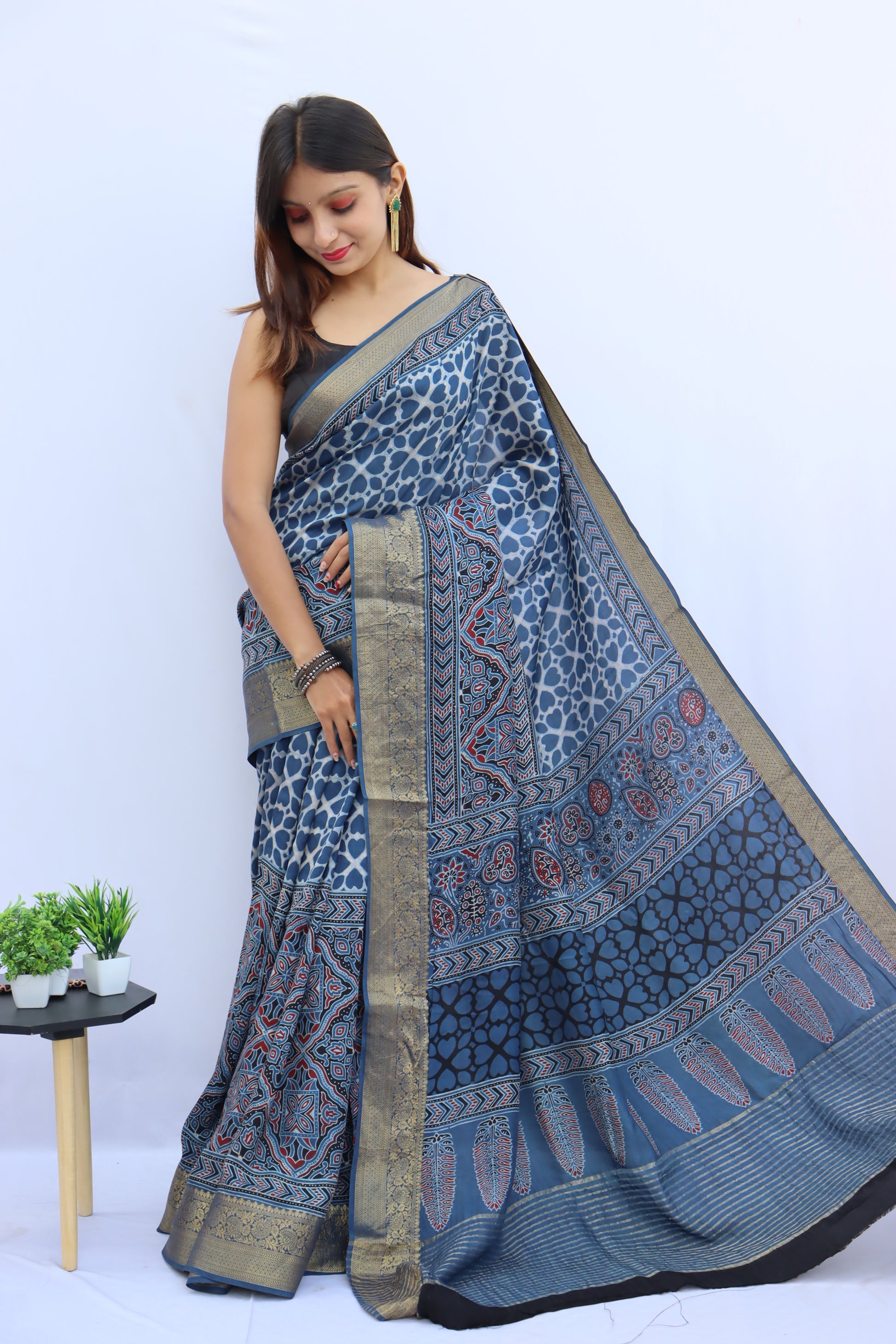 Ajrakh Dola Silk Saree
