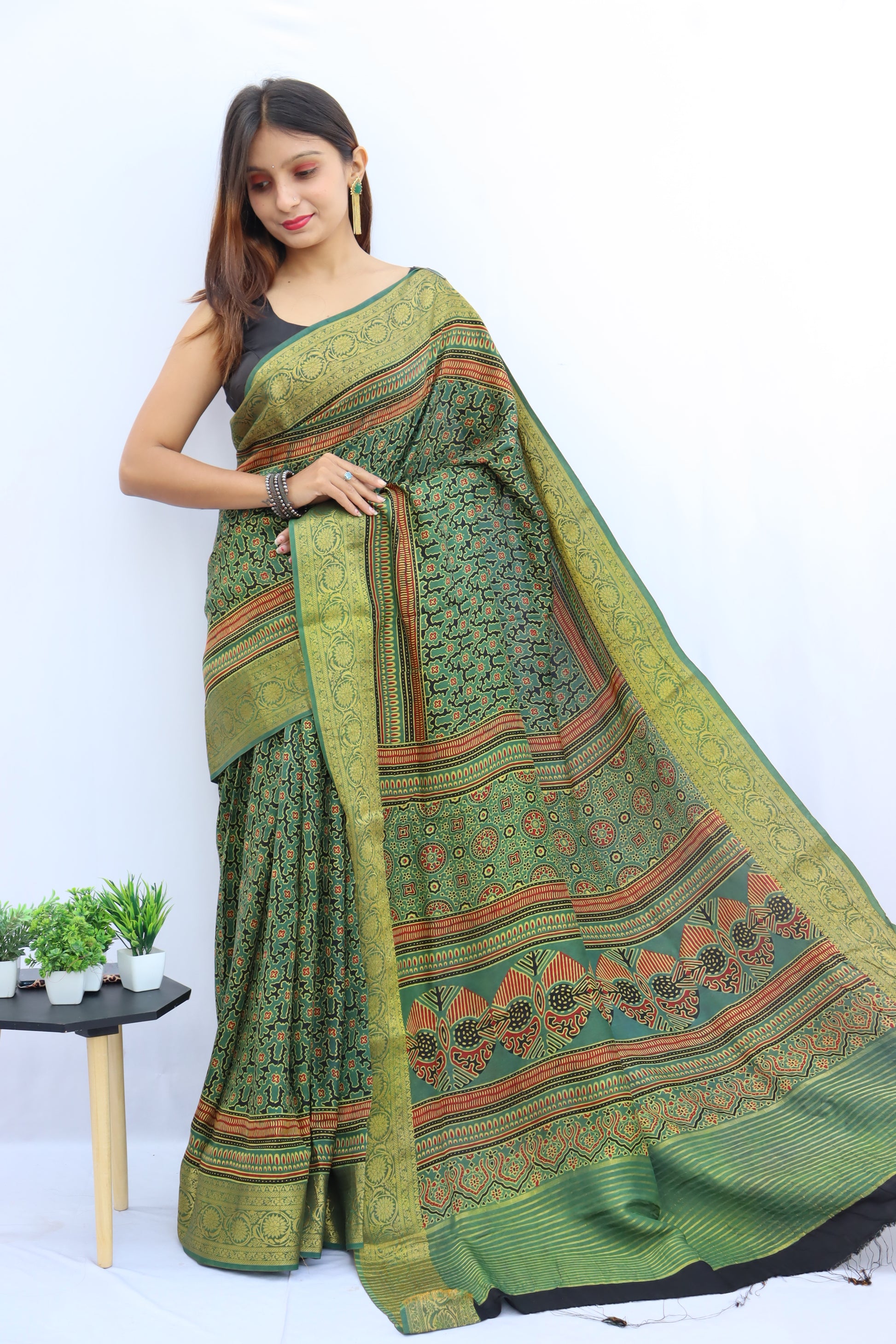Ajrakh Dola Silk Saree