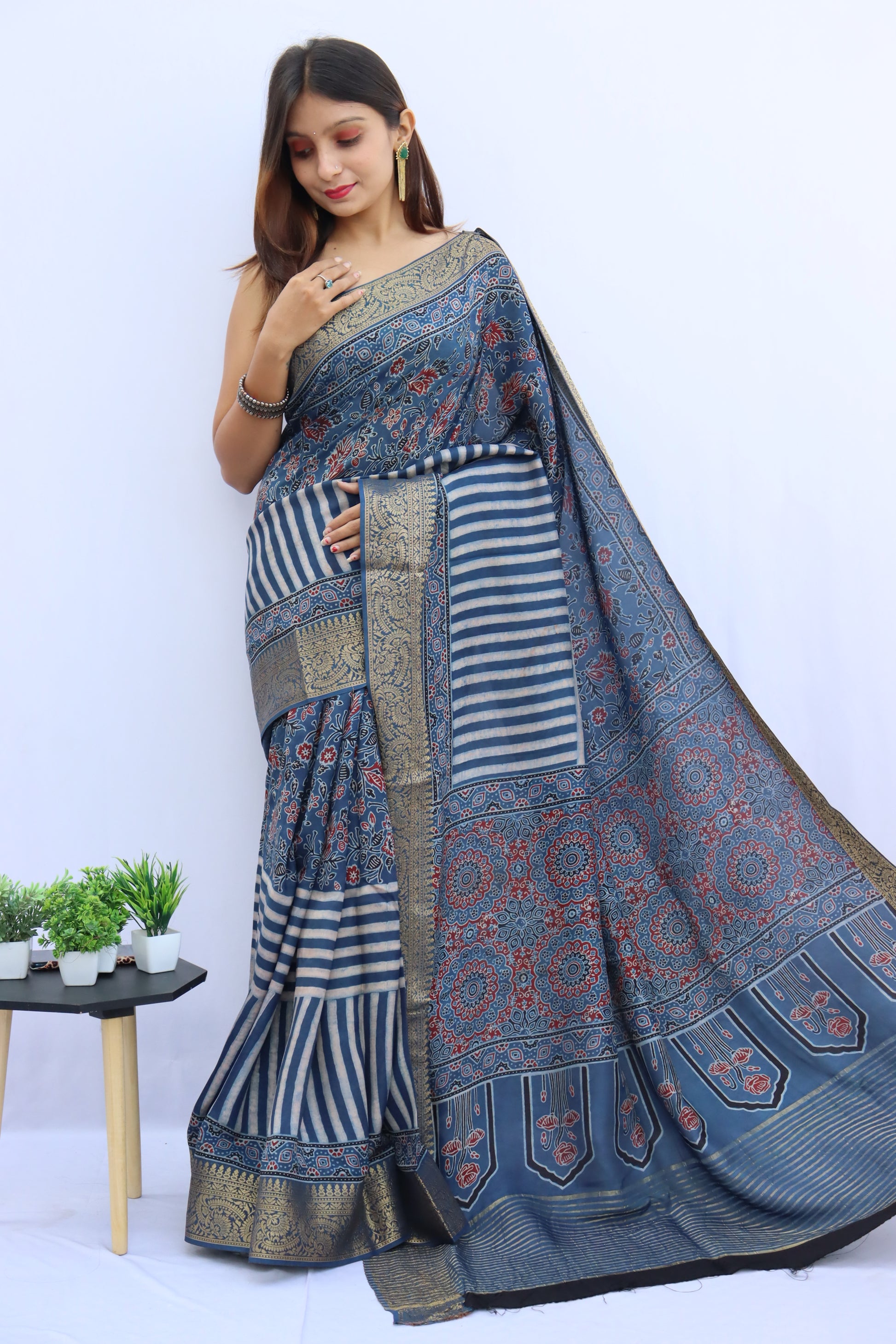 Ajrakh Dola Silk Saree