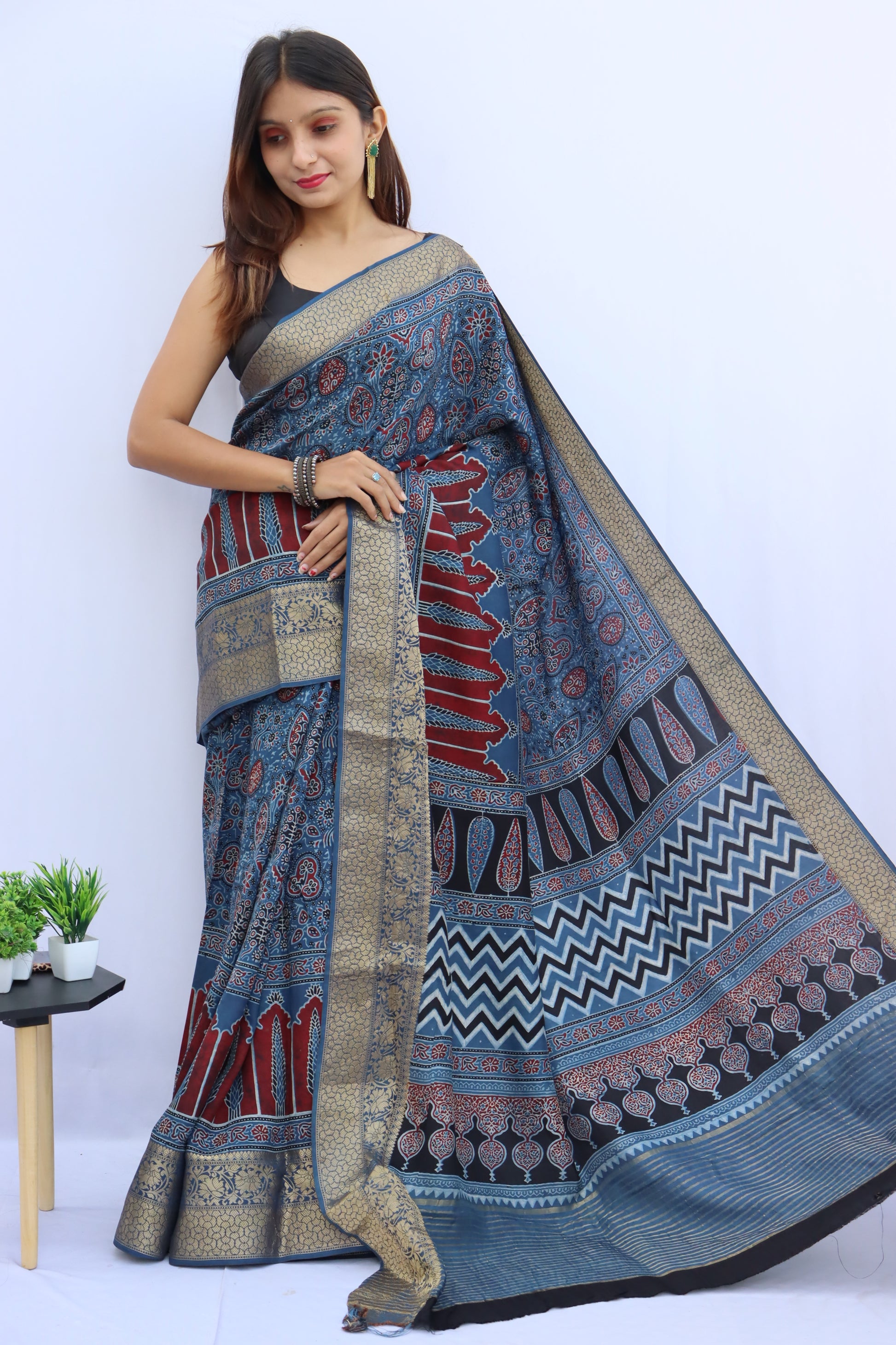Ajrakh Dola Silk Saree