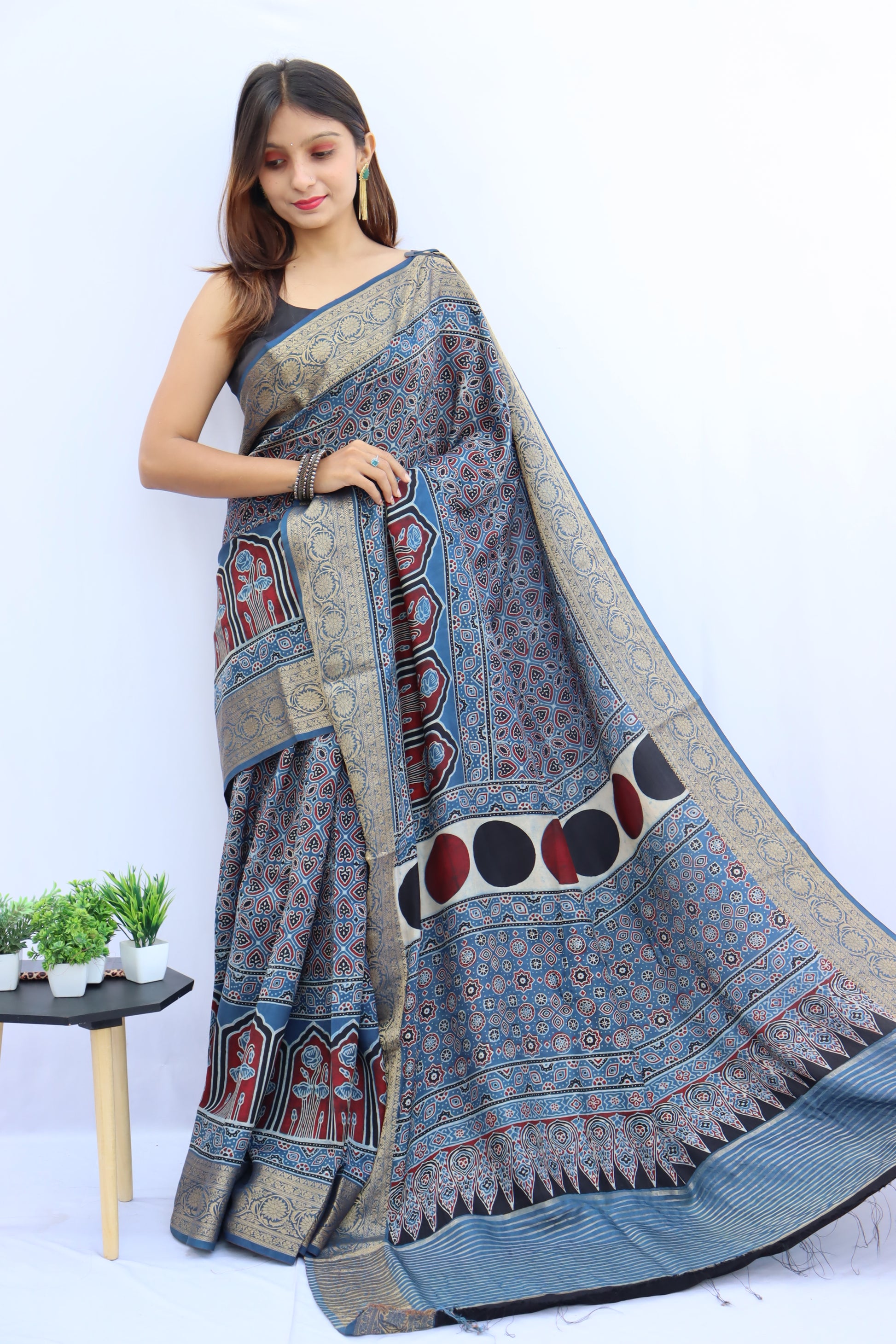 Ajrakh Dola Silk Saree