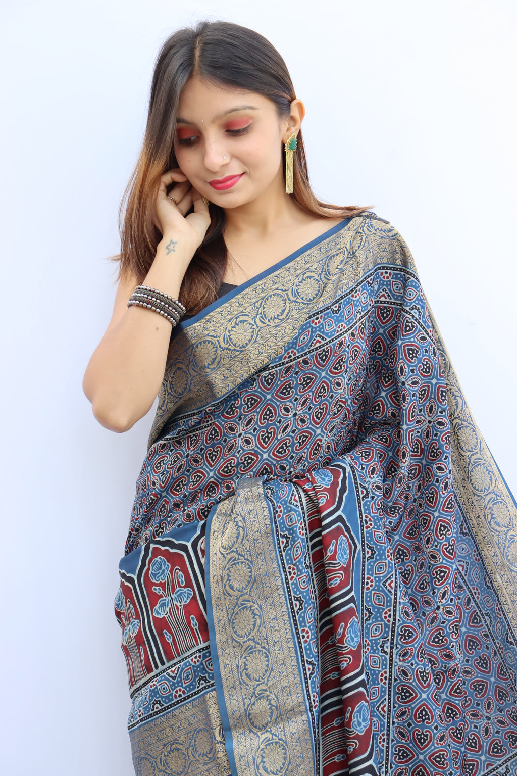Ajrakh Dola Silk Saree