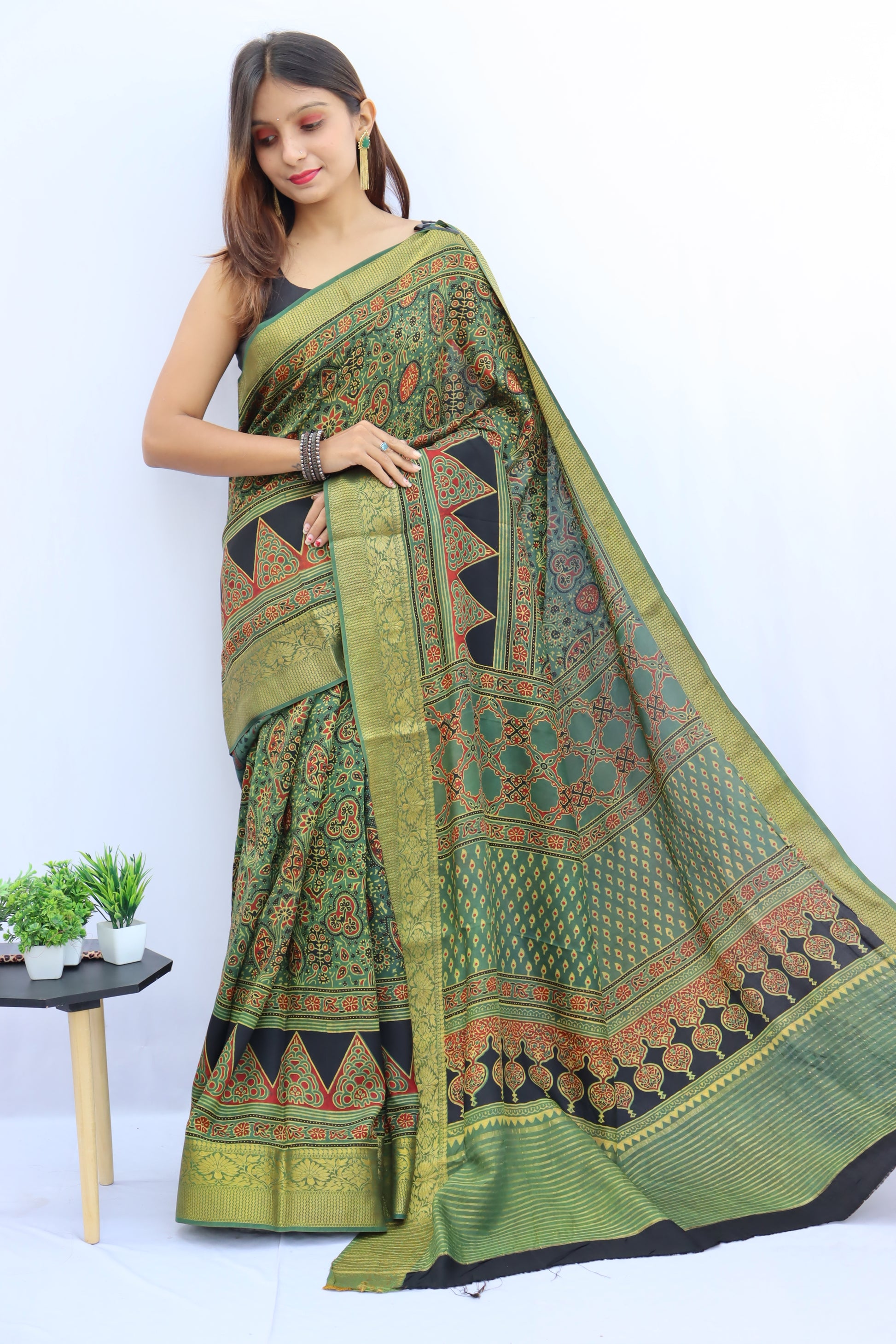 Ajrakh Dola Silk Saree
