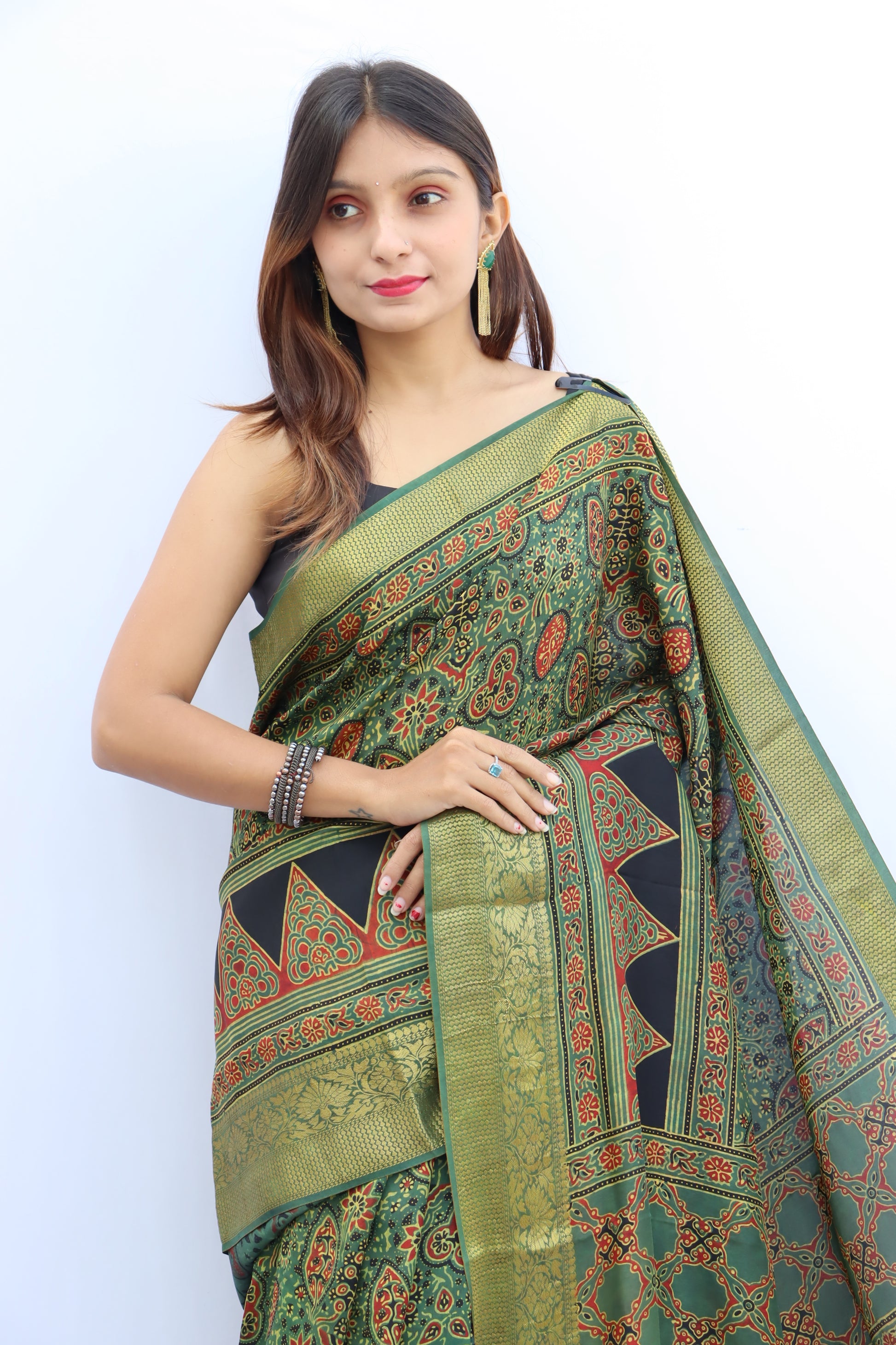 Ajrakh Dola Silk Saree