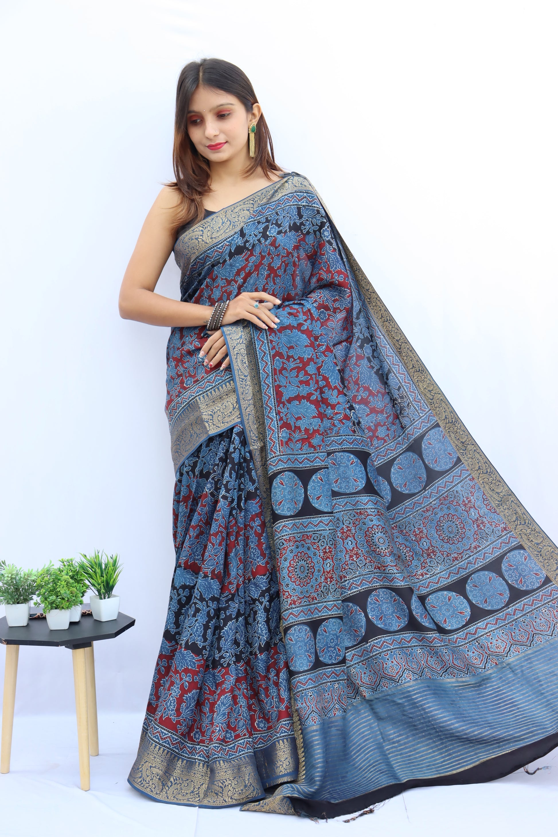 Ajrakh Dola Silk Saree
