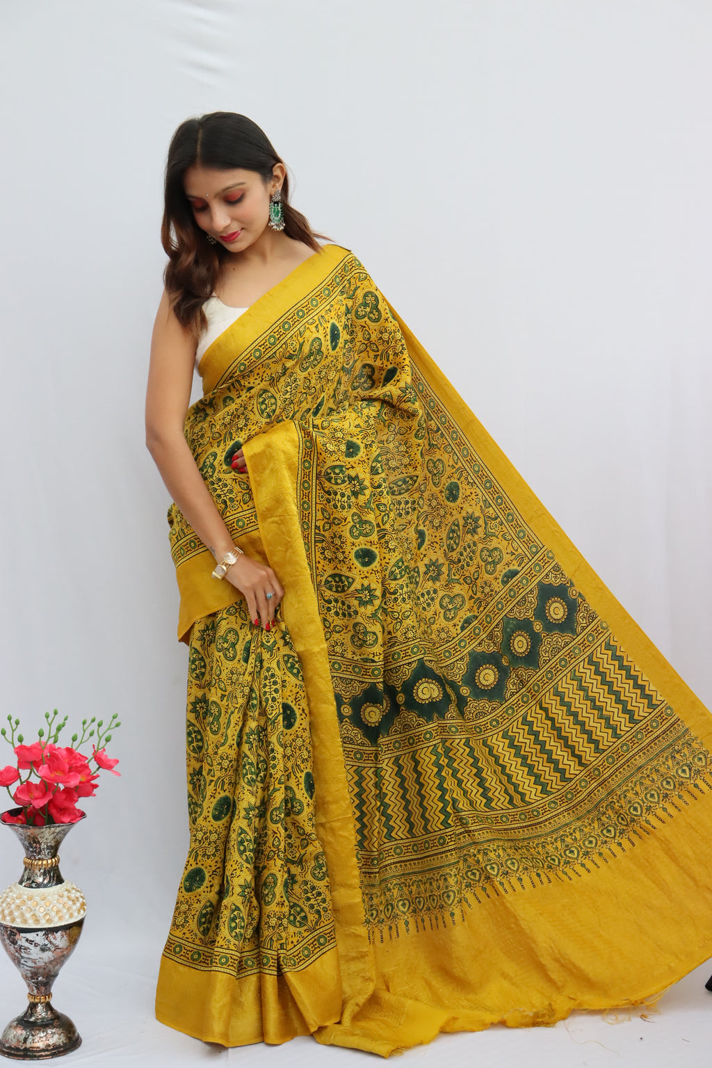 Ajrakh Dola Silk Saree