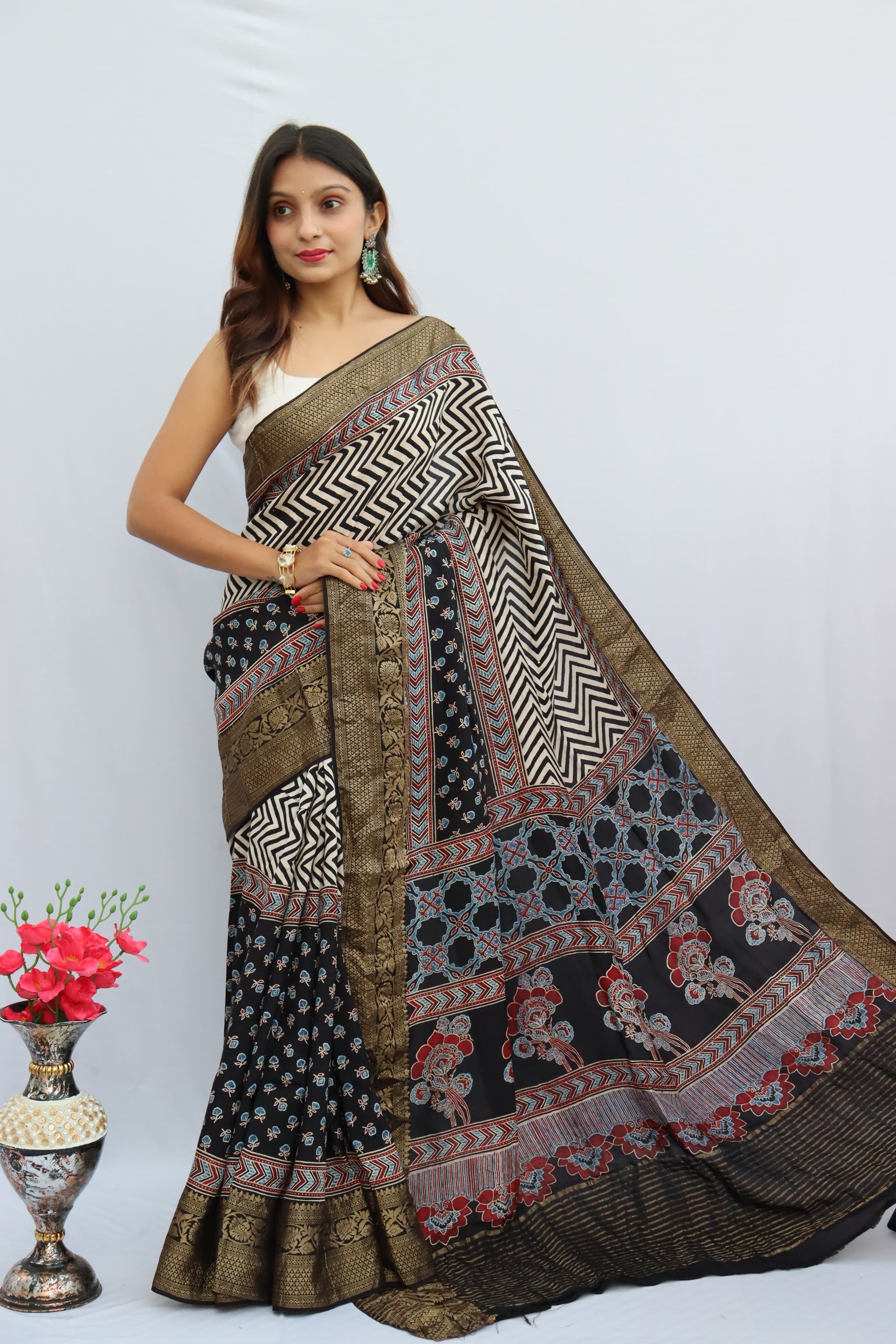 Ajrakh Dola Silk Saree