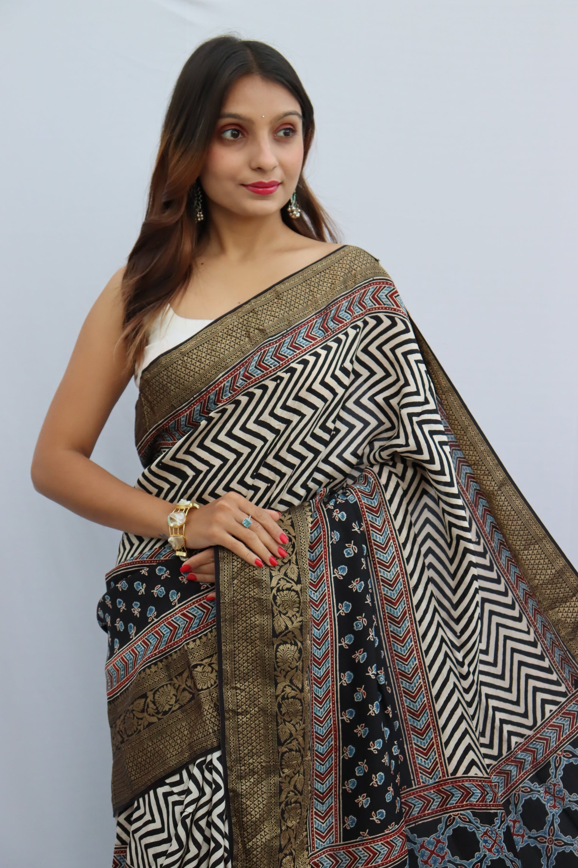 Ajrakh Dola Silk Saree