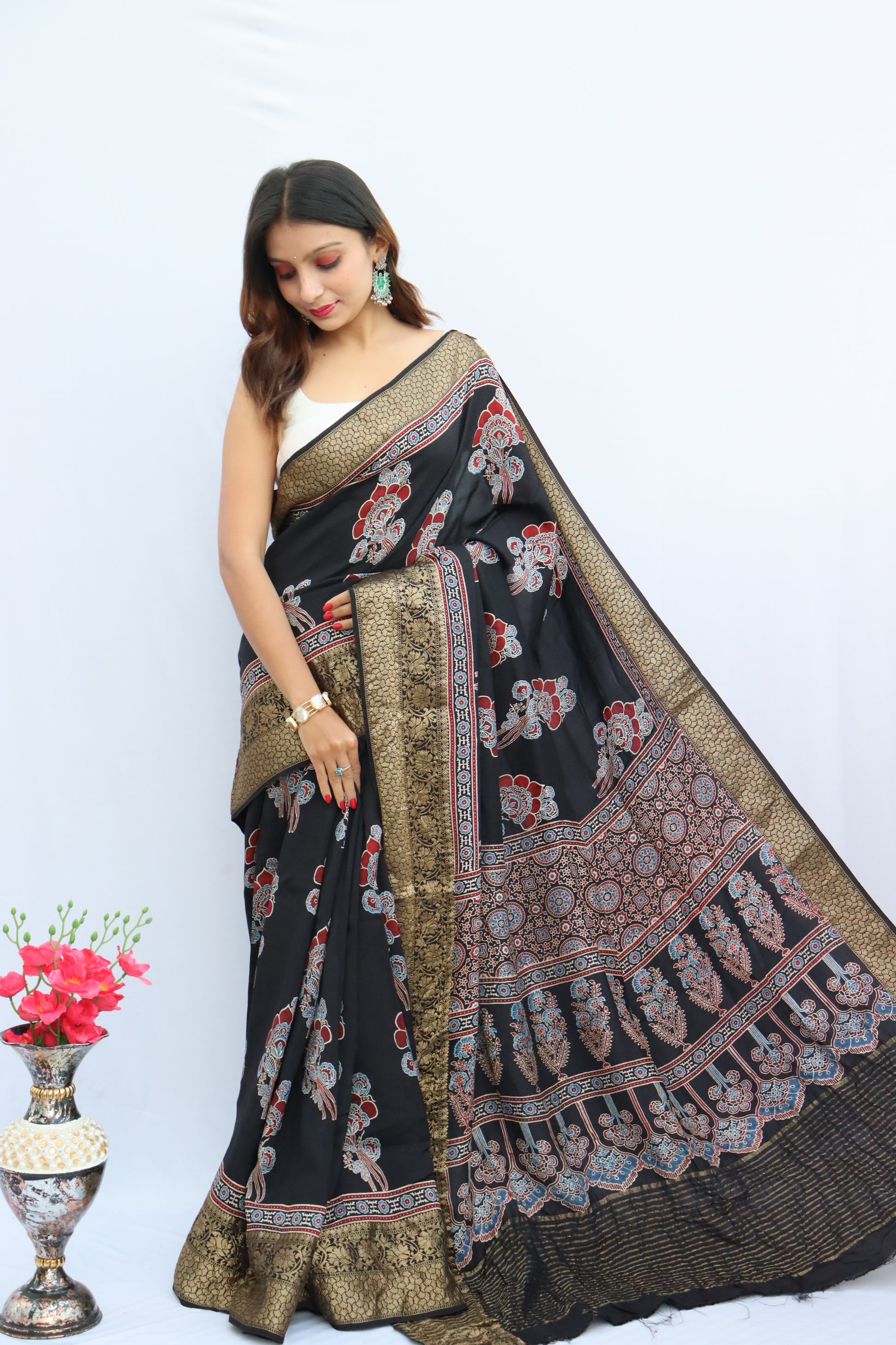 Ajrakh Dola Silk Saree