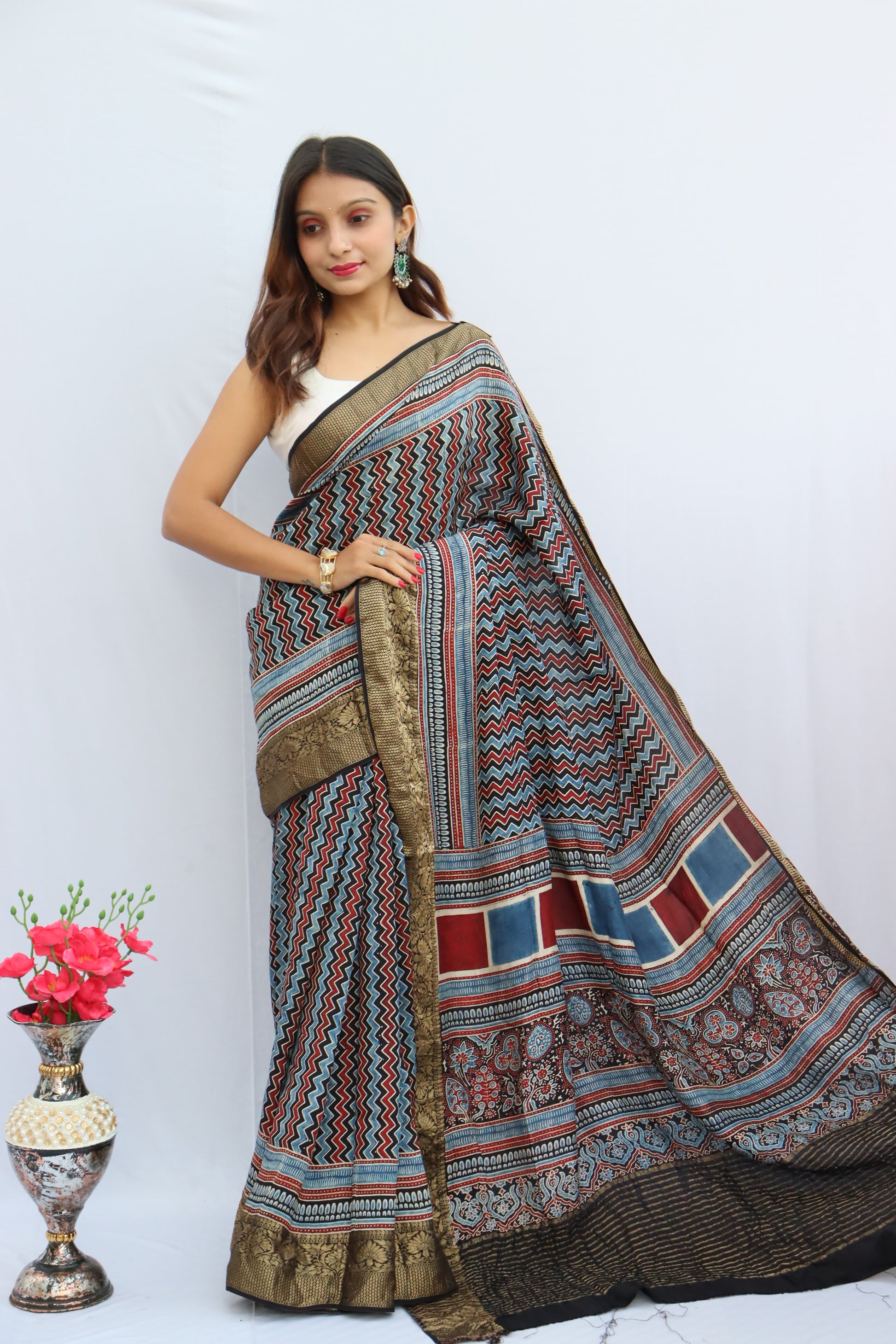 Ajrakh Dola Silk Saree