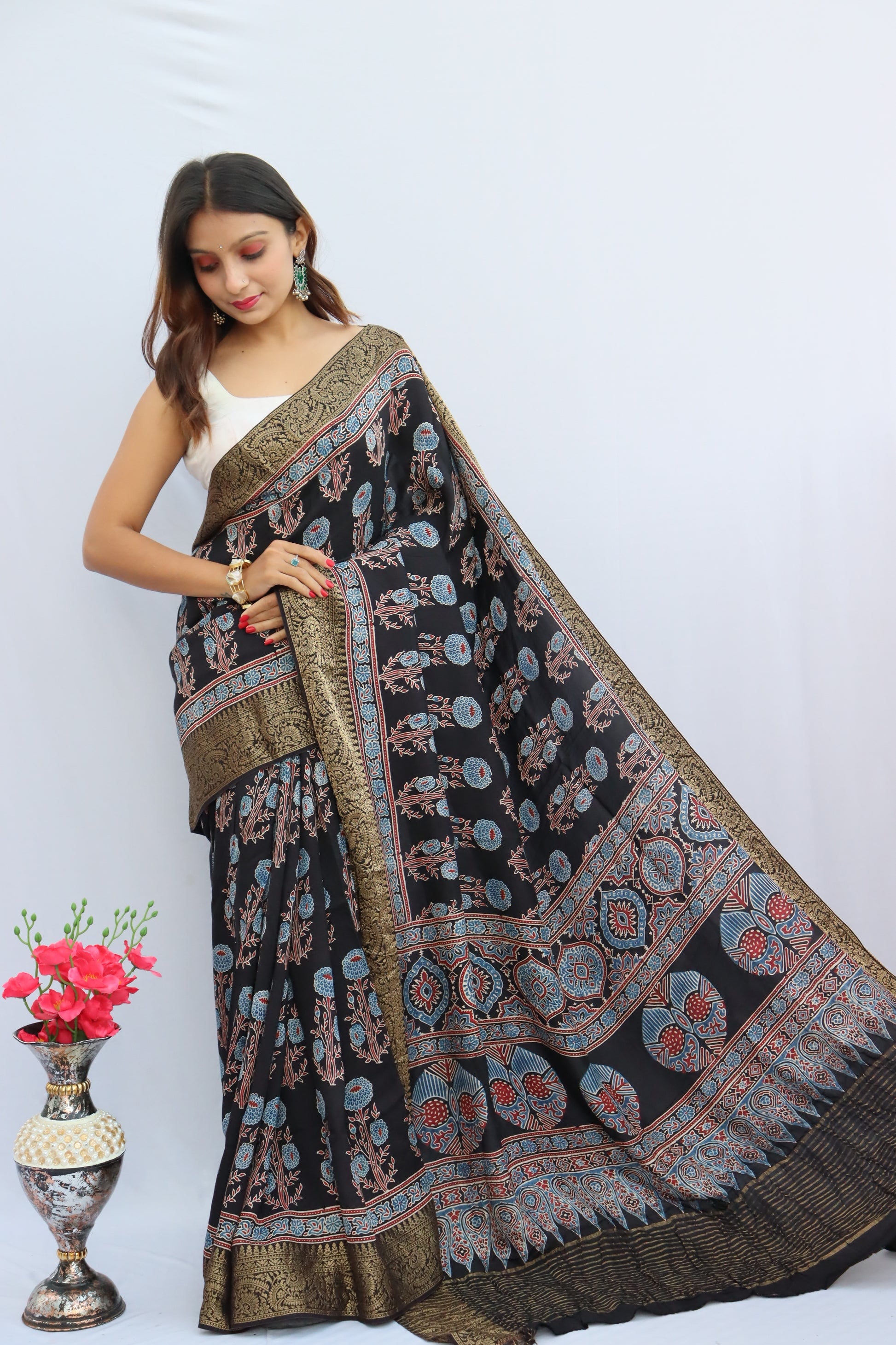 Ajrakh Dola Silk Saree