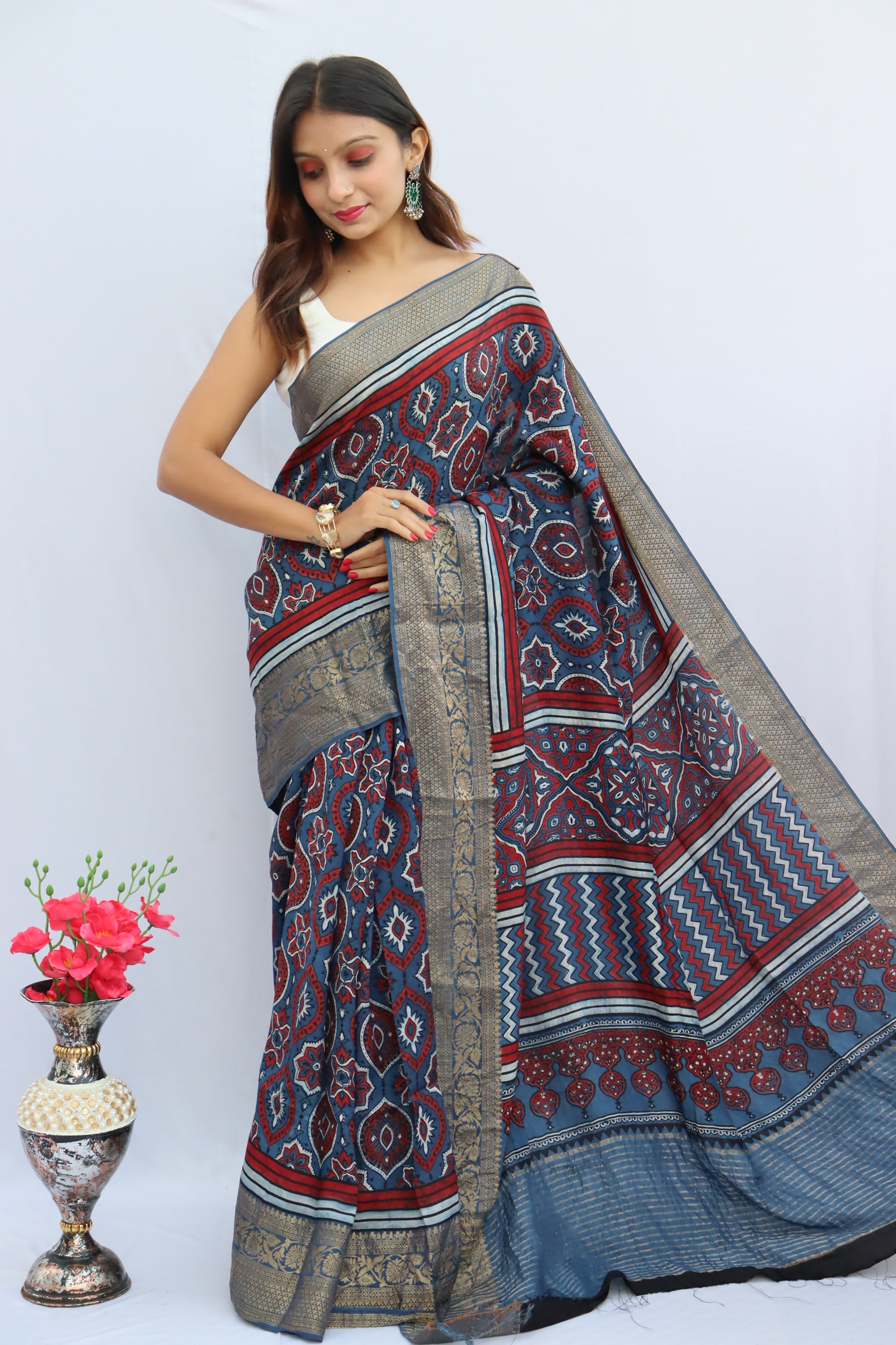 Ajrakh Dola Silk Saree