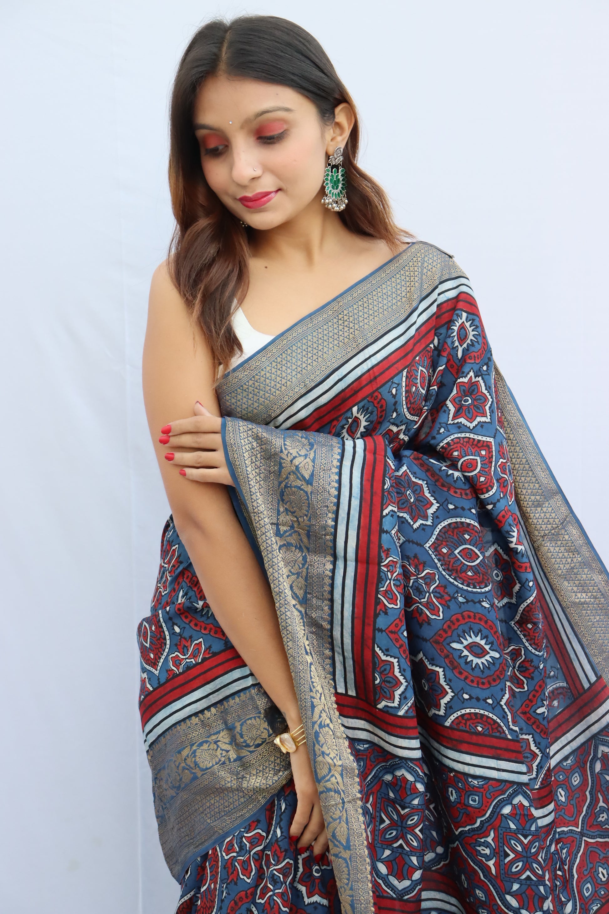 Ajrakh Dola Silk Saree