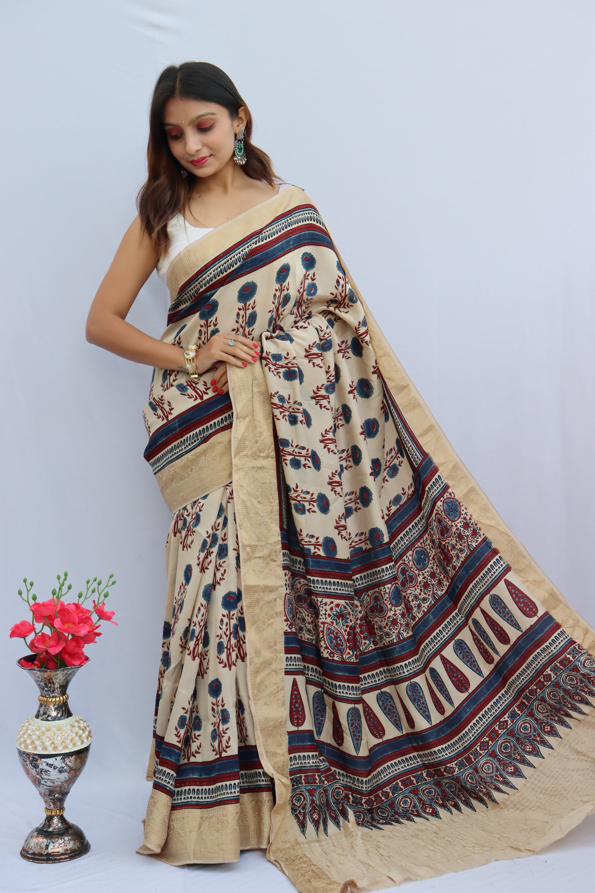 Ajrakh Dola Silk Saree