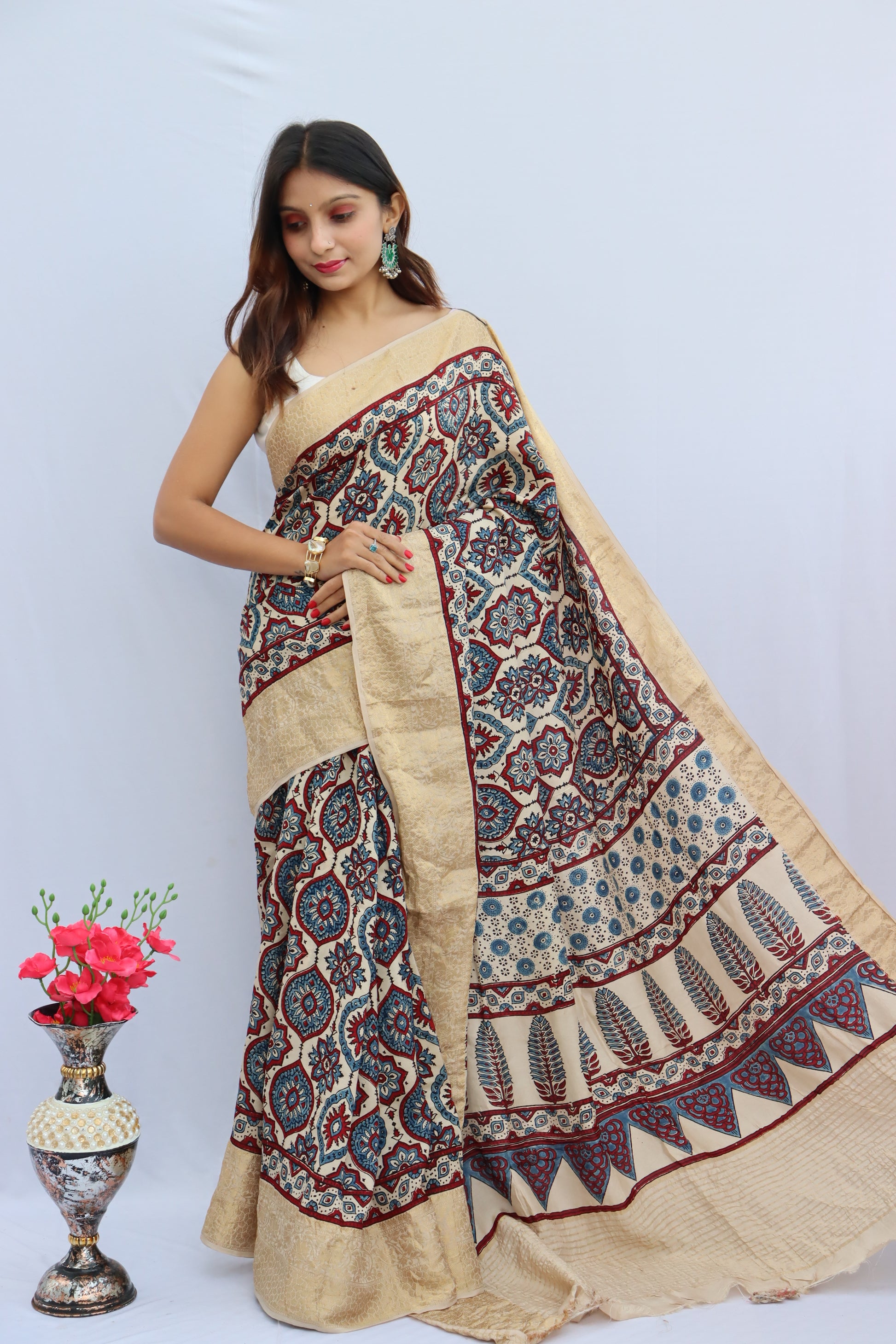 Ajrakh Dola Silk Saree