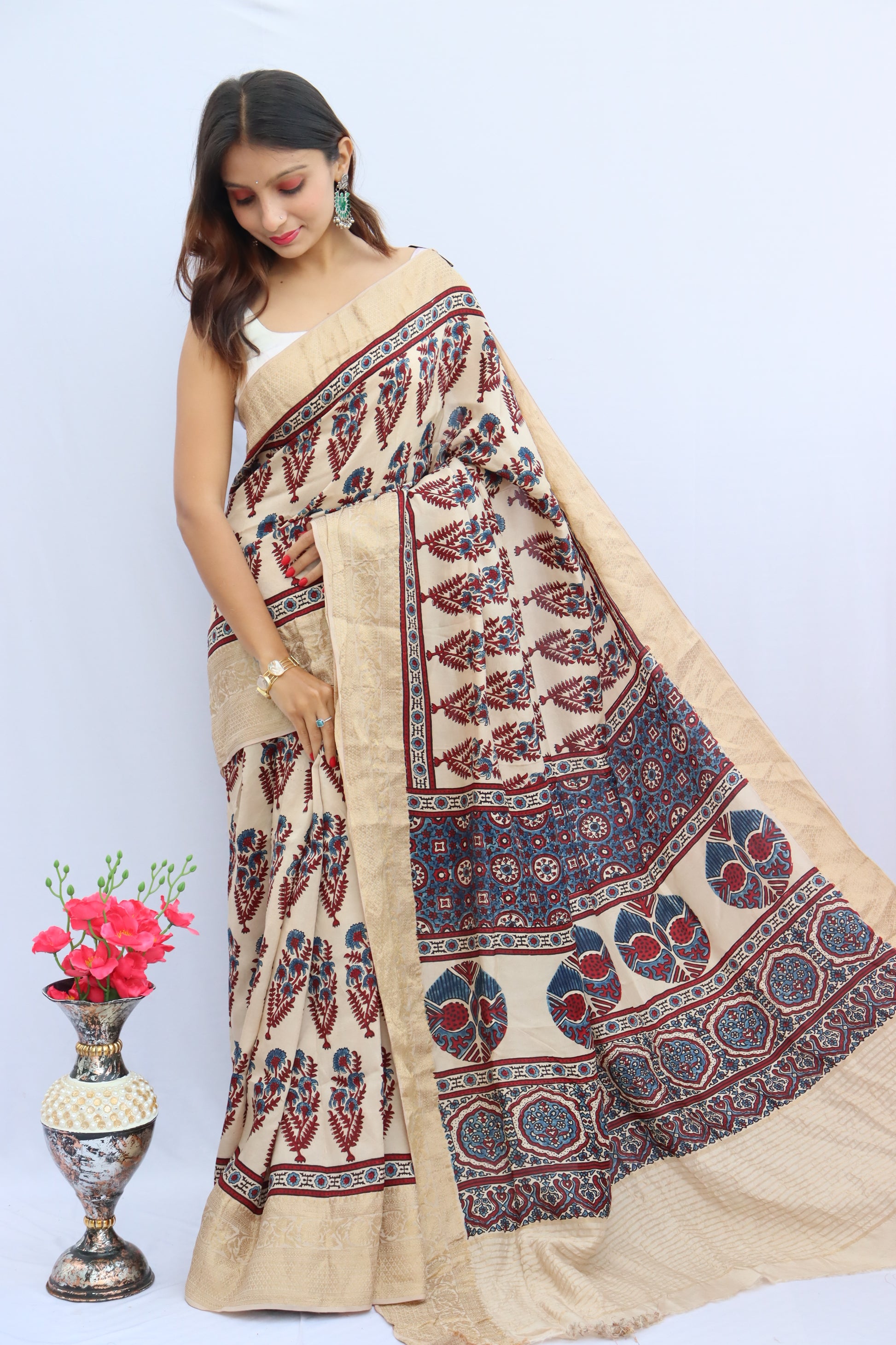 Ajrakh Dola Silk Saree