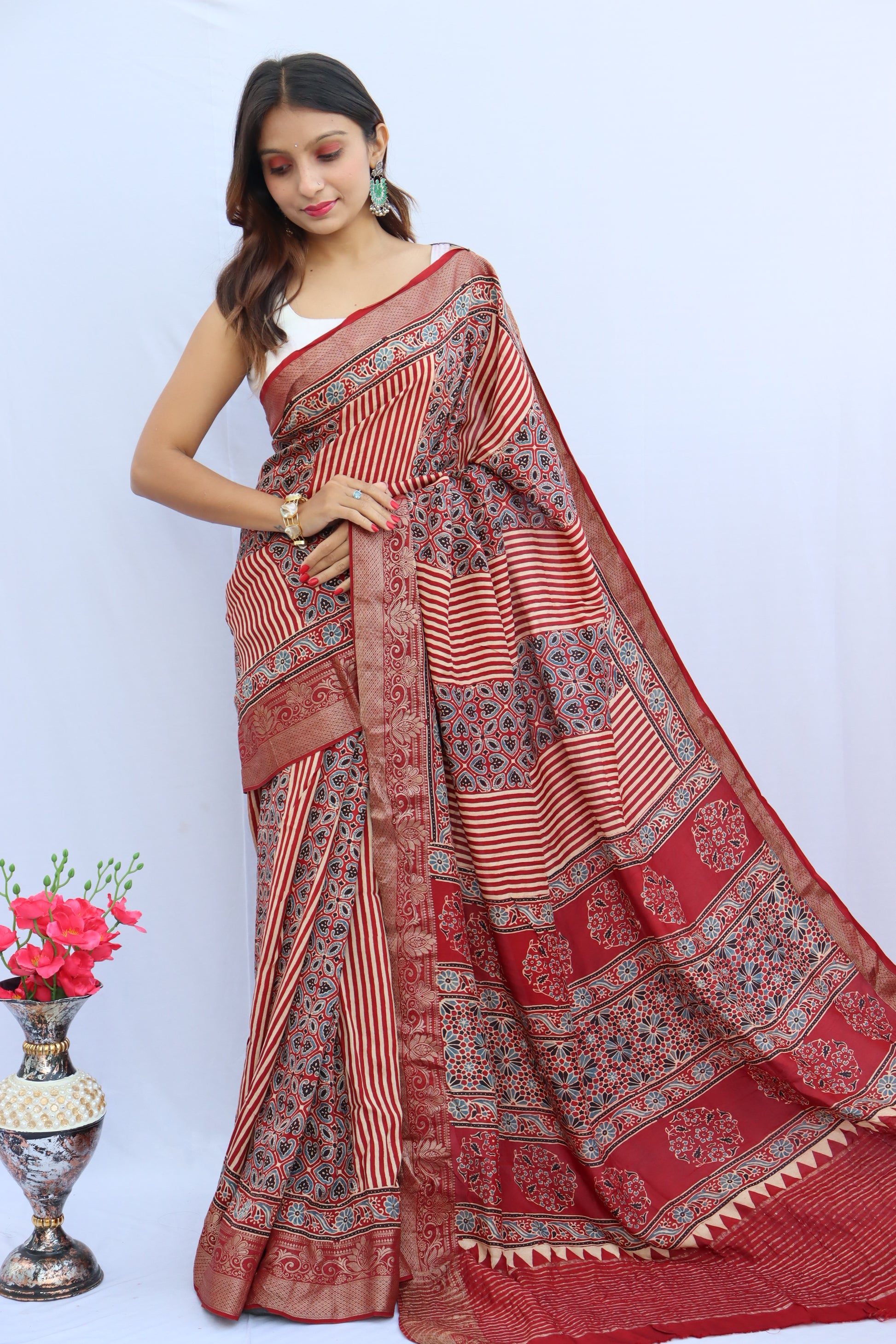 Ajrakh Dola Silk Saree