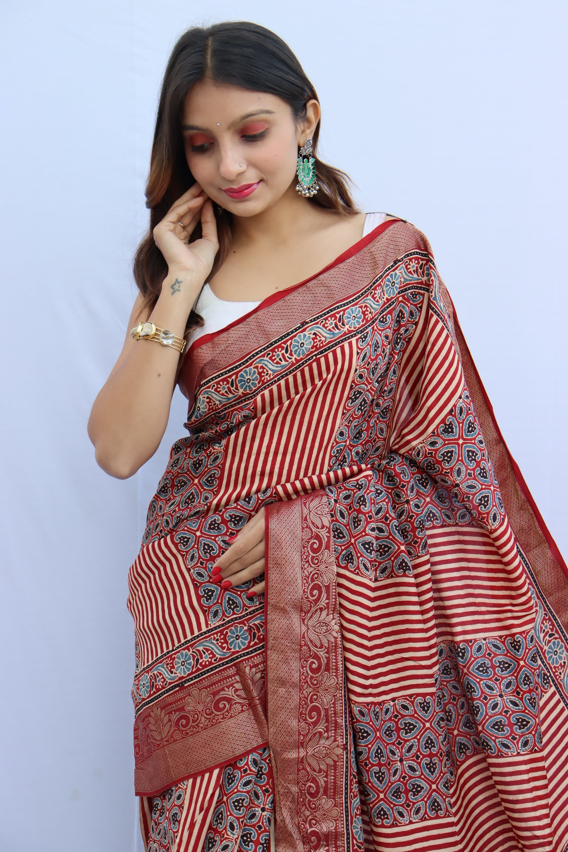 Ajrakh Dola Silk Saree