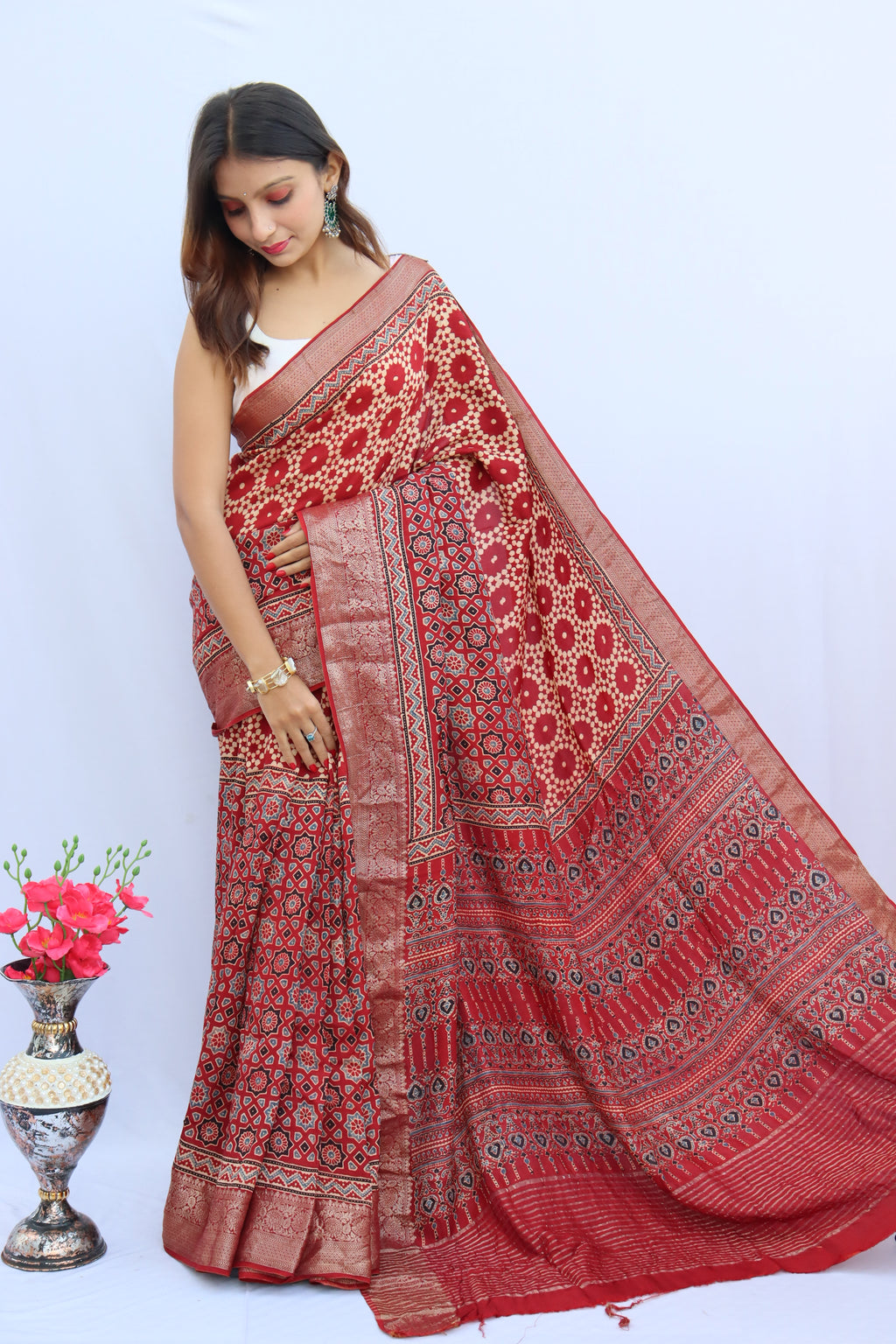 Ajrakh Dola Silk Saree