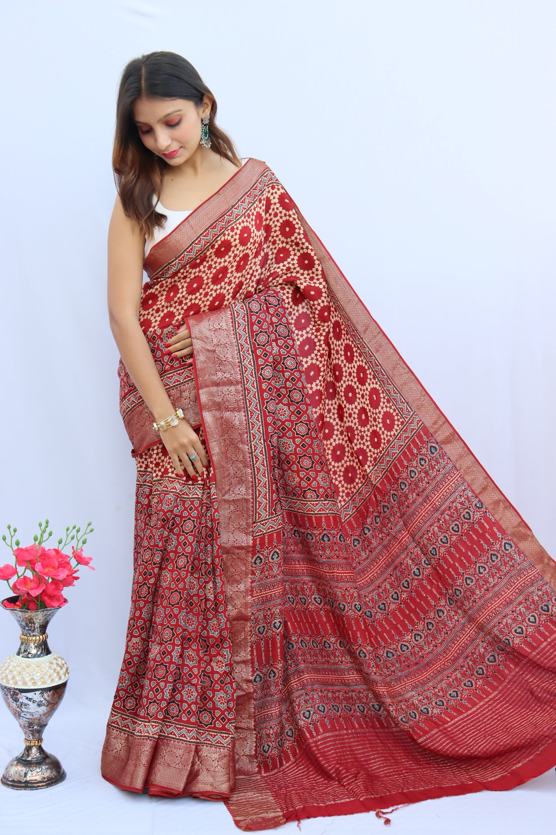 Ajrakh Dola Silk Saree