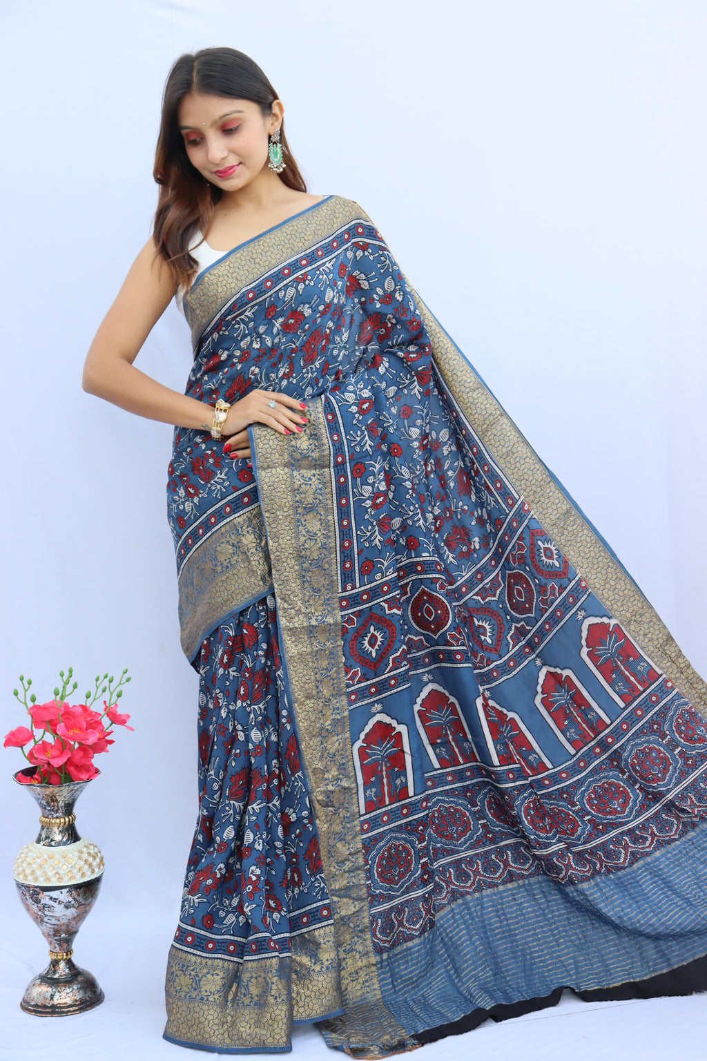 Ajrakh Dola Silk Saree
