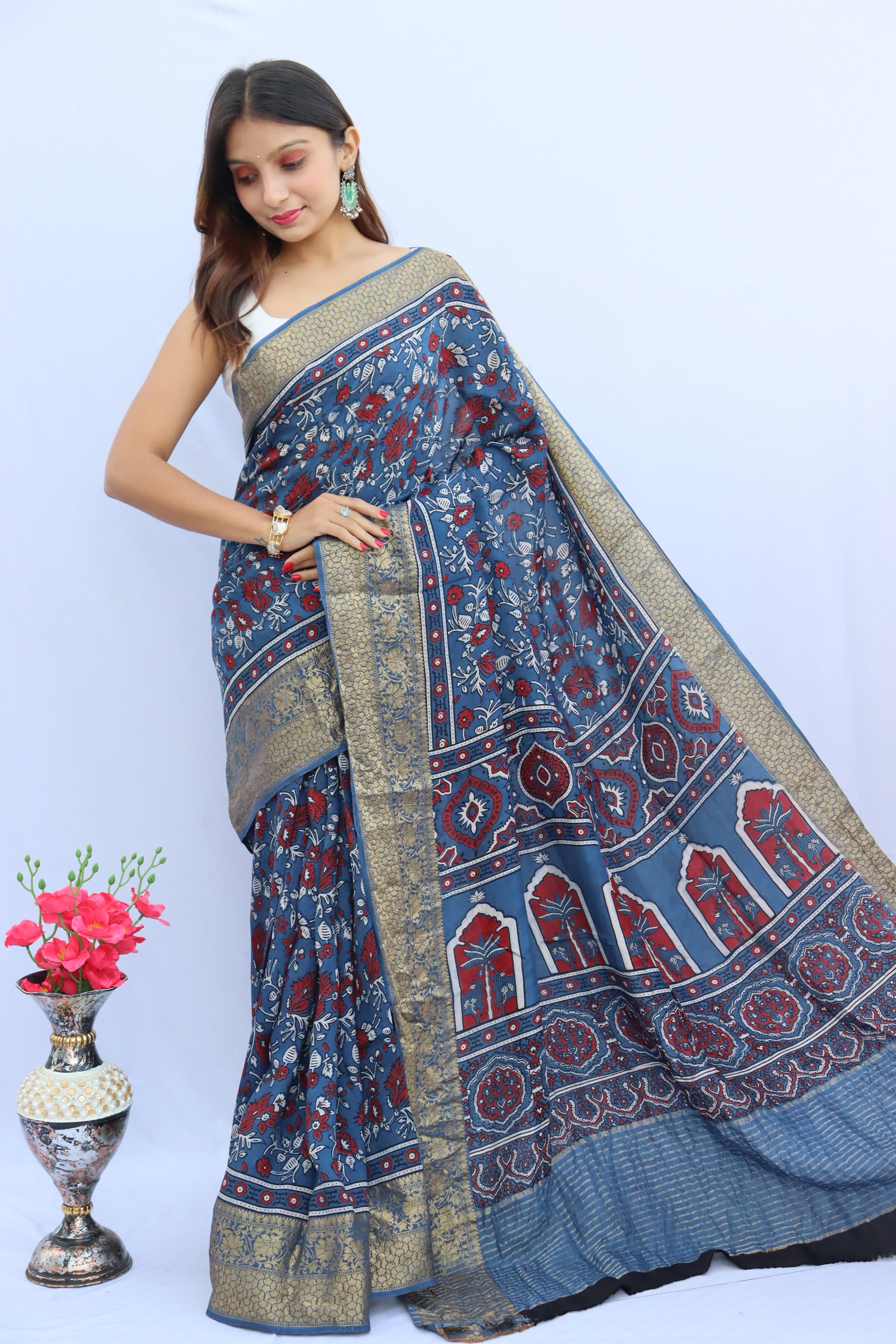Ajrakh Dola Silk Saree