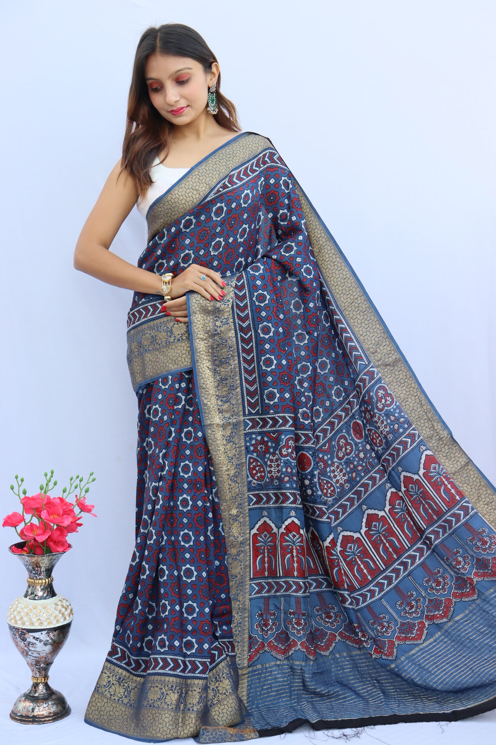 Ajrakh Dola Silk Saree