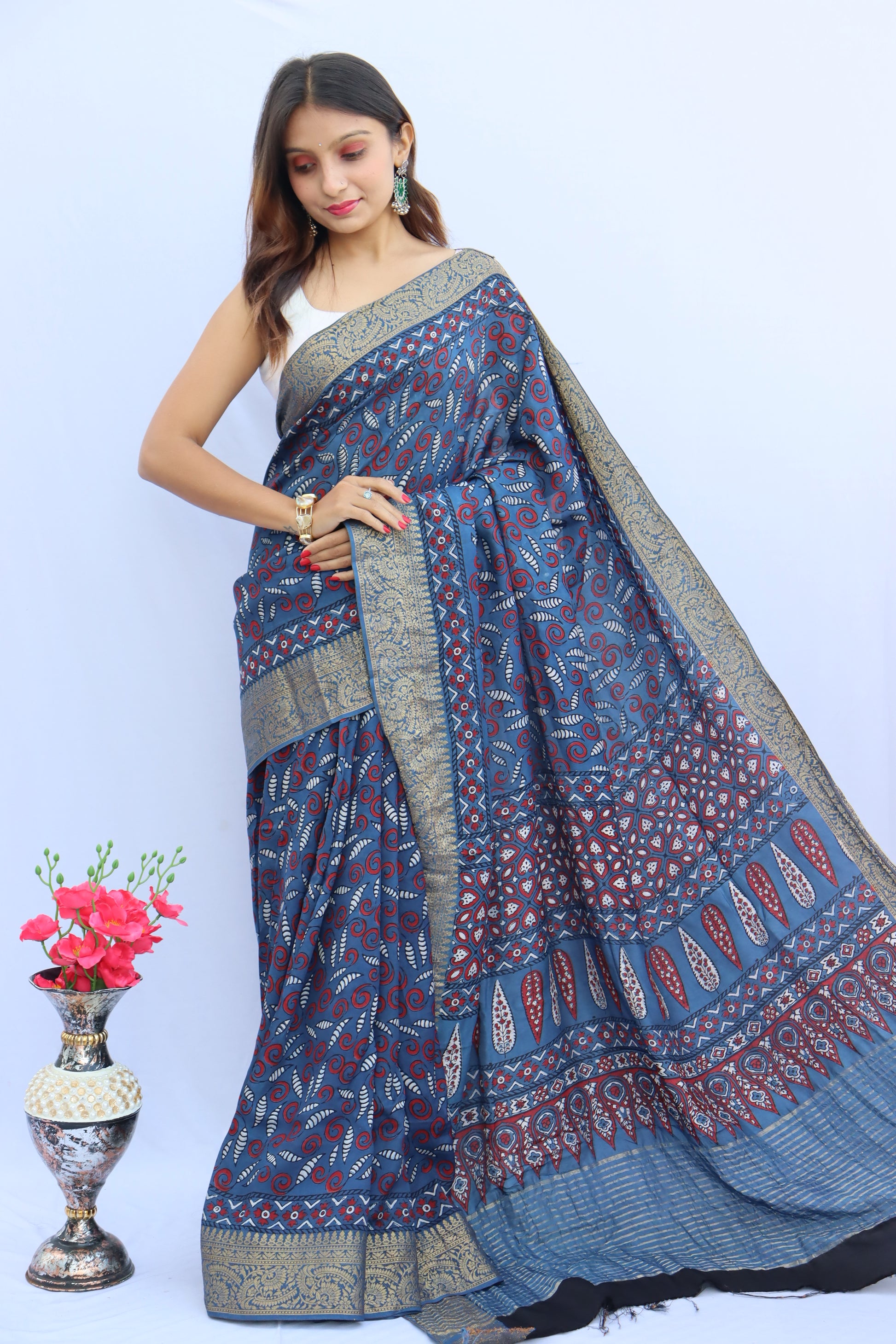Ajrakh Dola Silk Saree