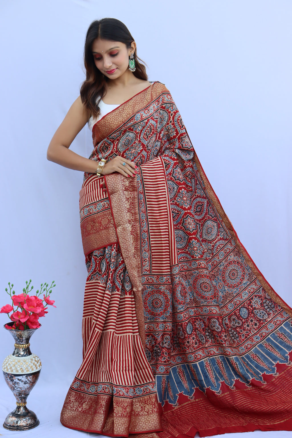 Ajrakh Dola Silk Saree