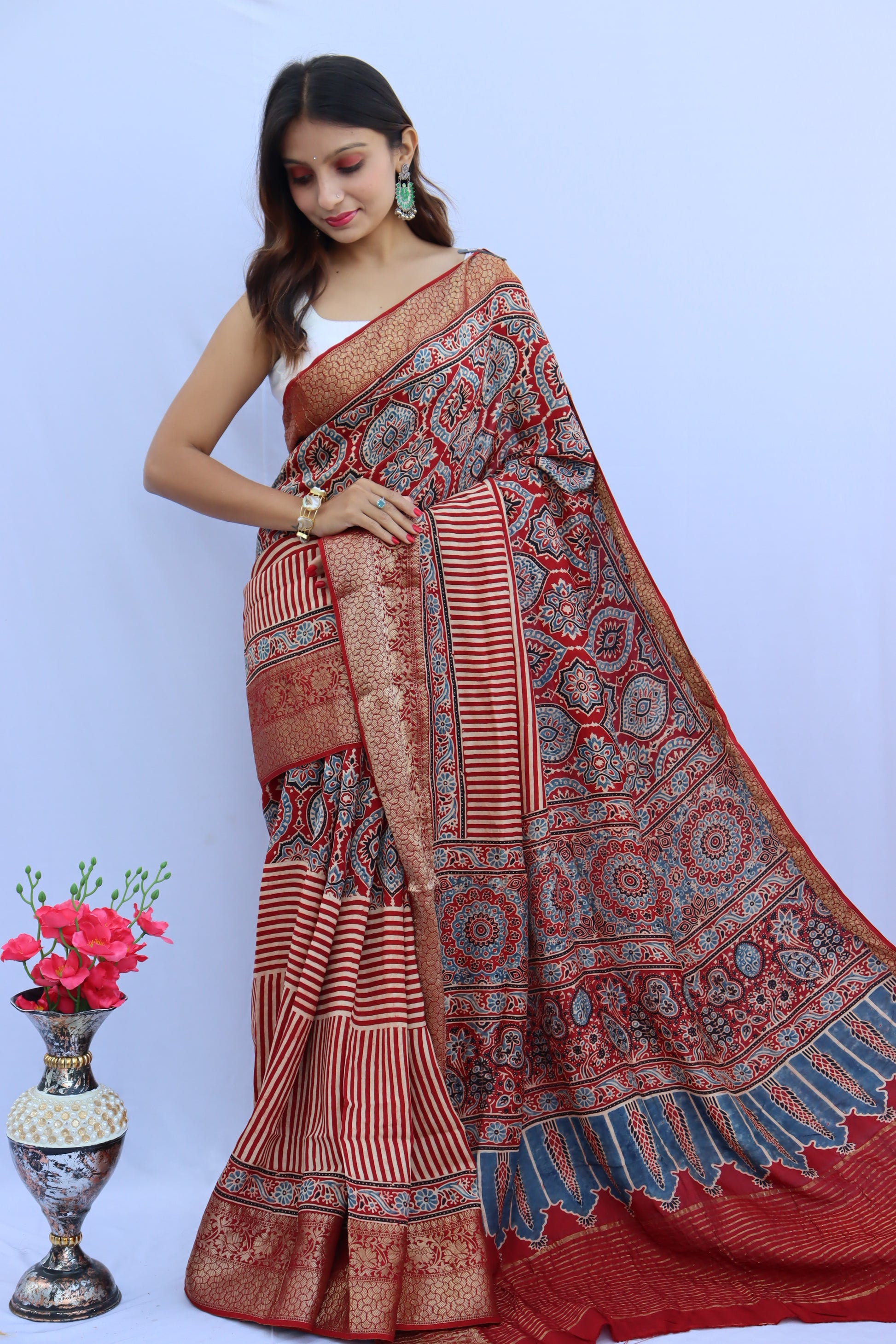 Ajrakh Dola Silk Saree