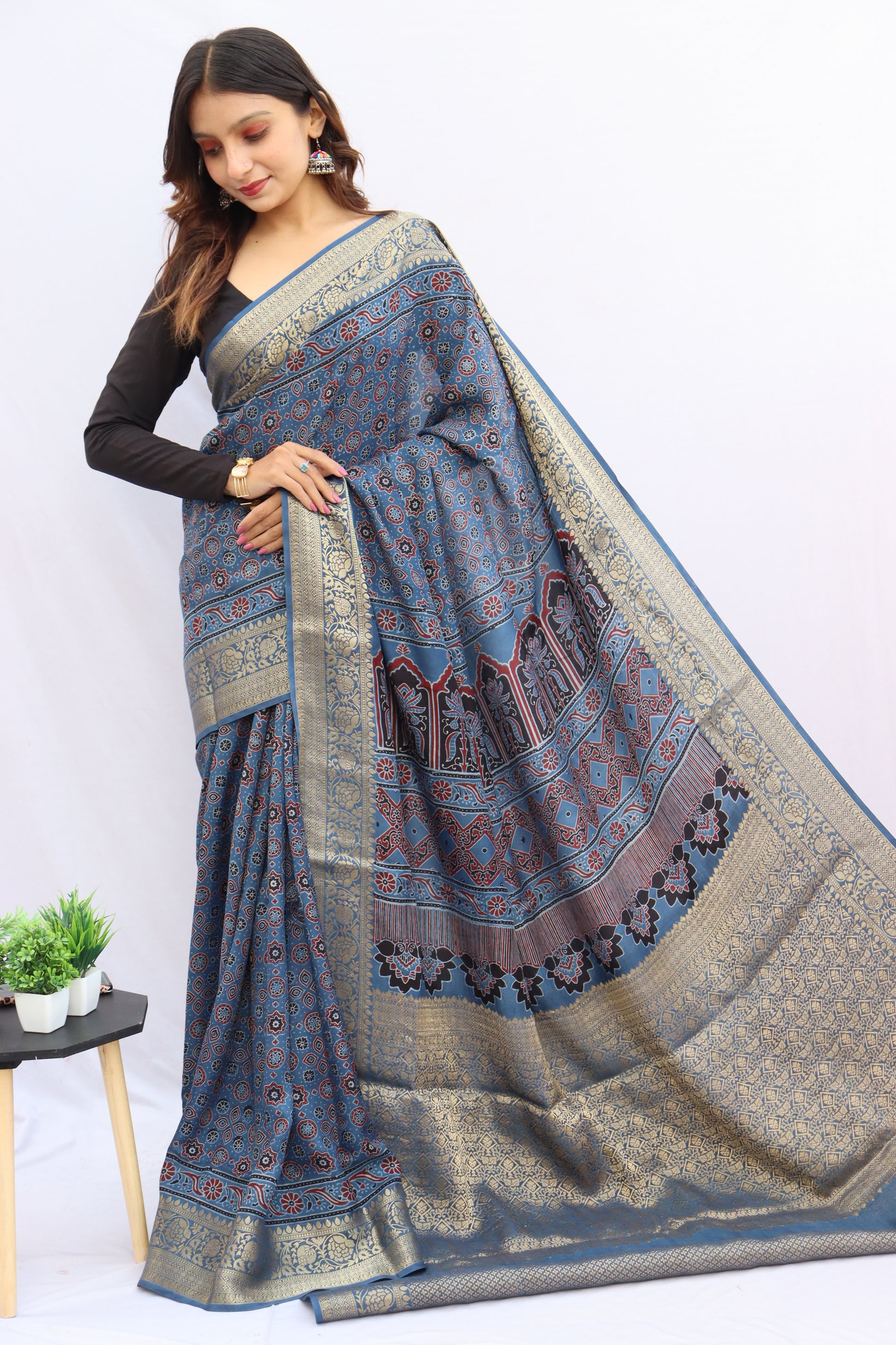 Ajrakh Rich Dola Silk Saree