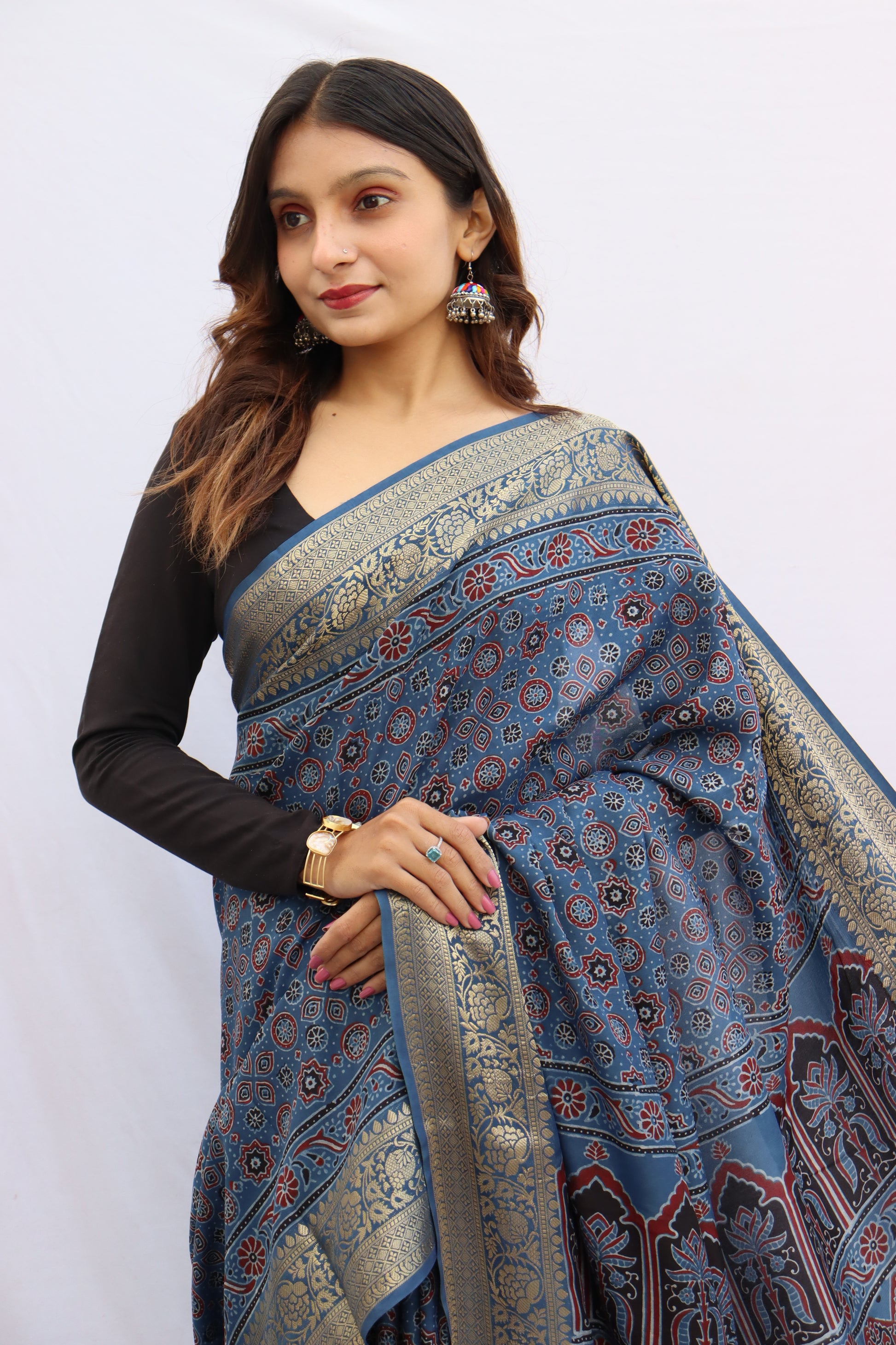 Ajrakh Rich Dola Silk Saree
