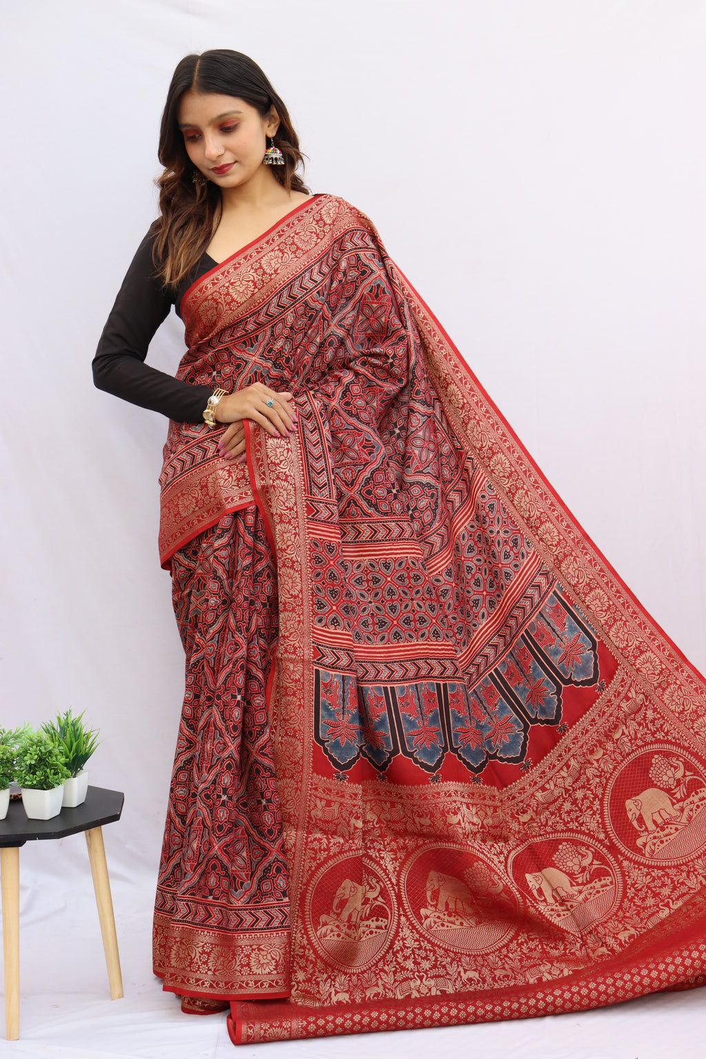 Ajrakh Rich Dola Silk Saree