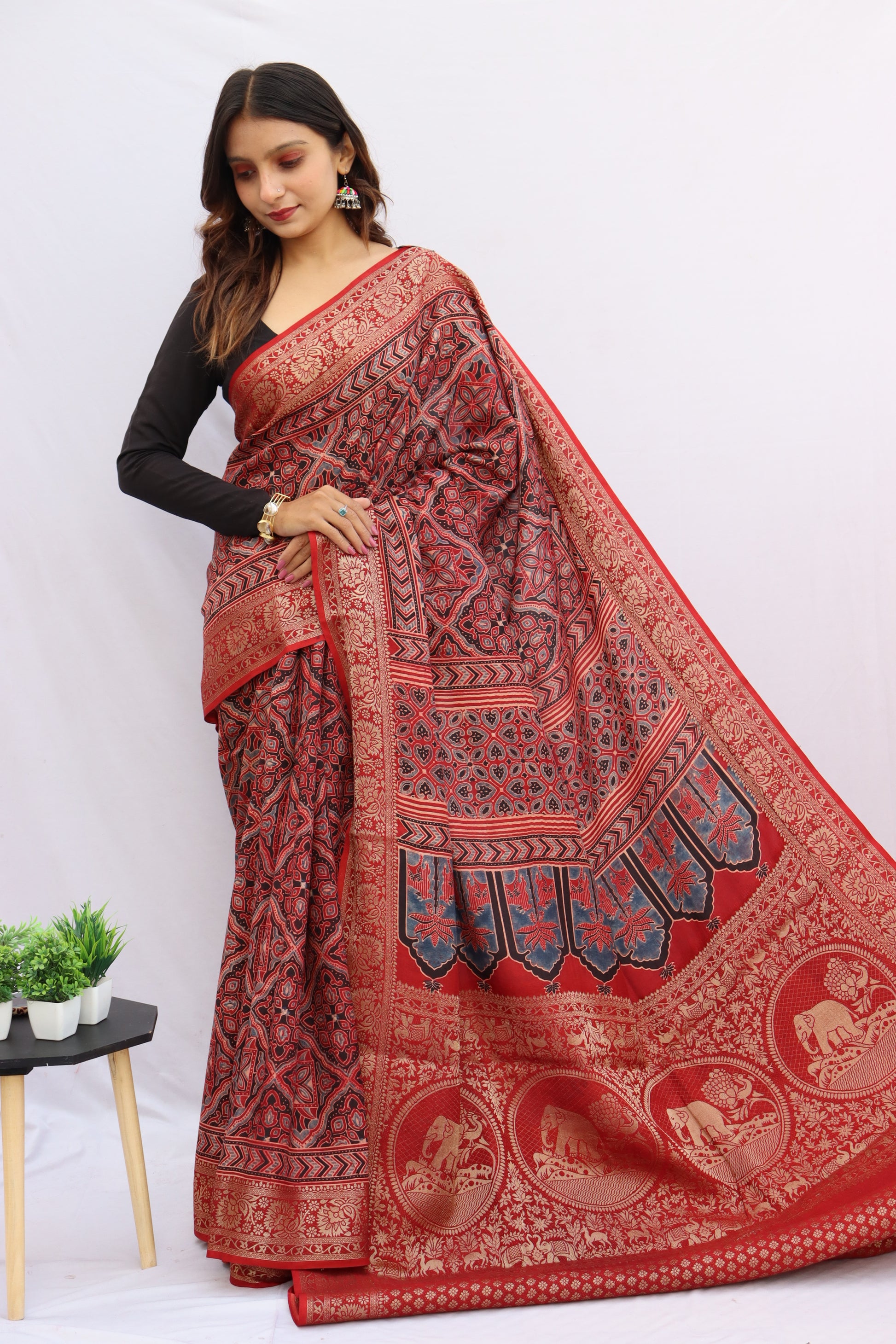 Ajrakh Rich Dola Silk Saree