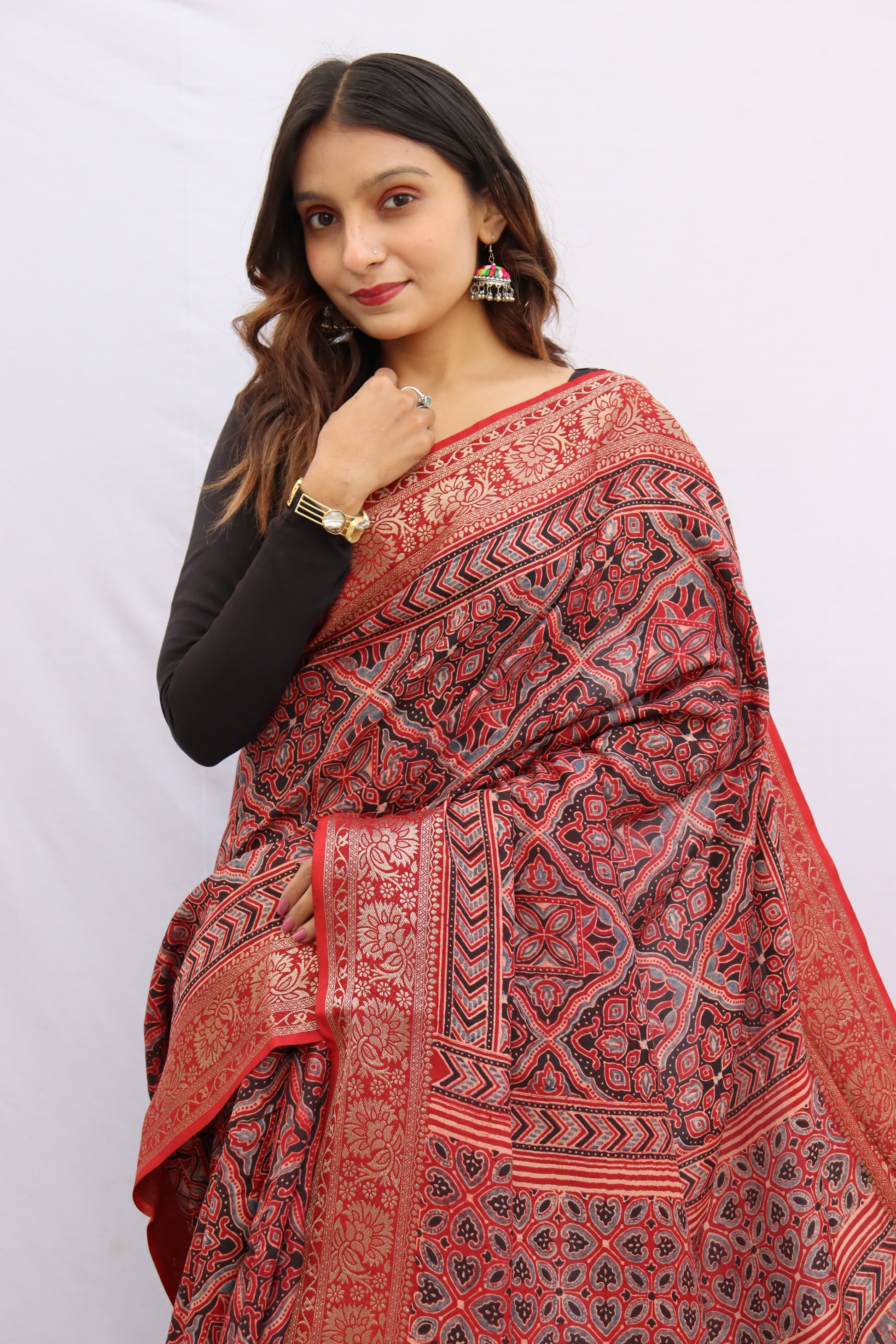 Ajrakh Rich Dola Silk Saree
