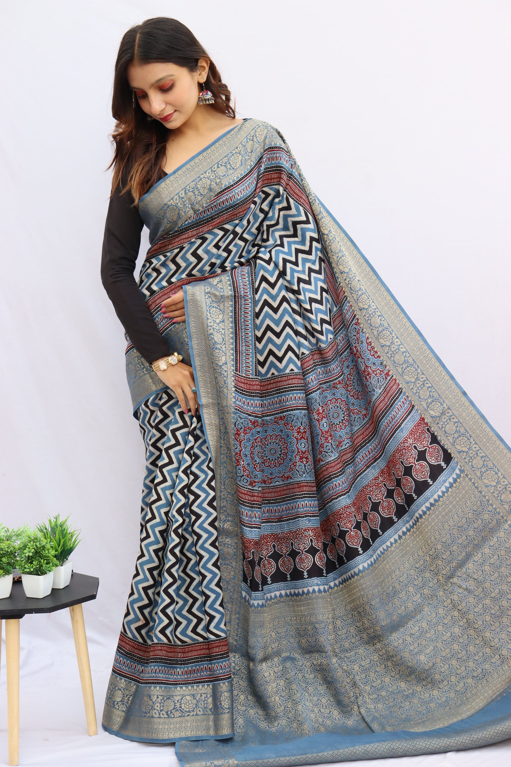 Ajrakh Rich Dola Silk Saree