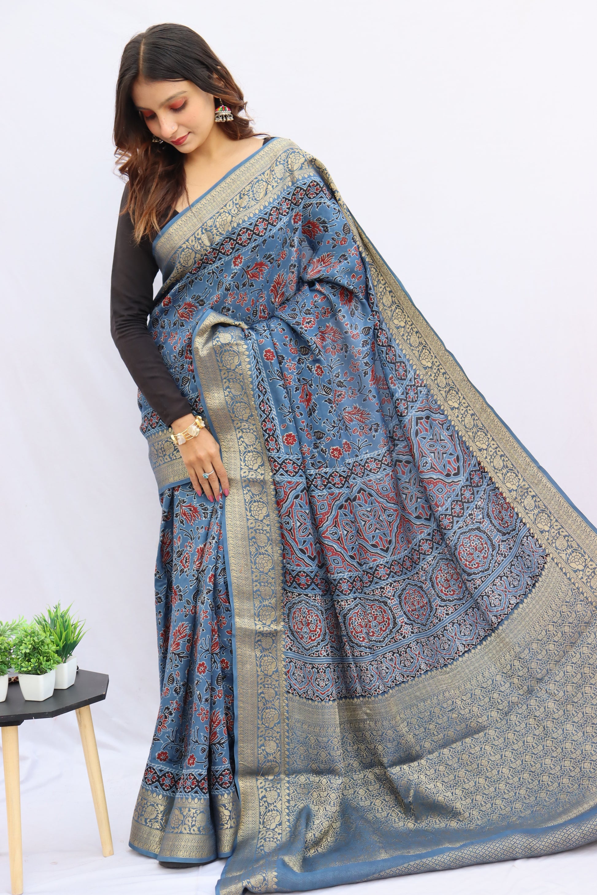 Ajrakh Rich Dola Silk Saree
