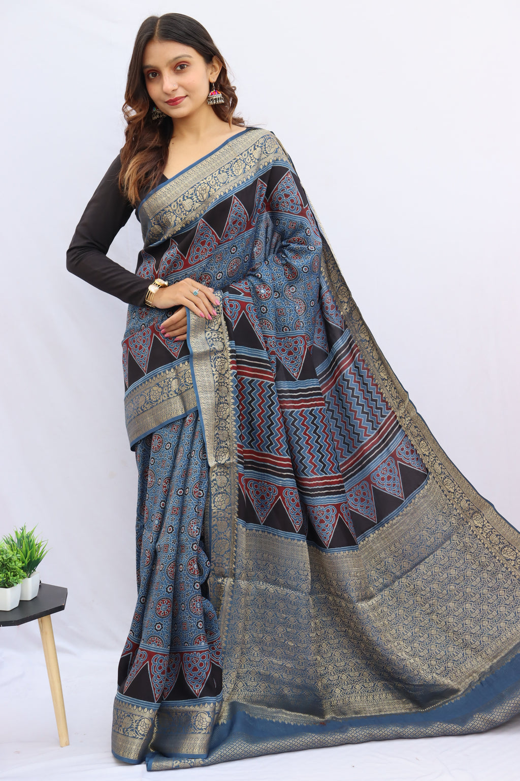 Ajrakh Rich Dola Silk Saree