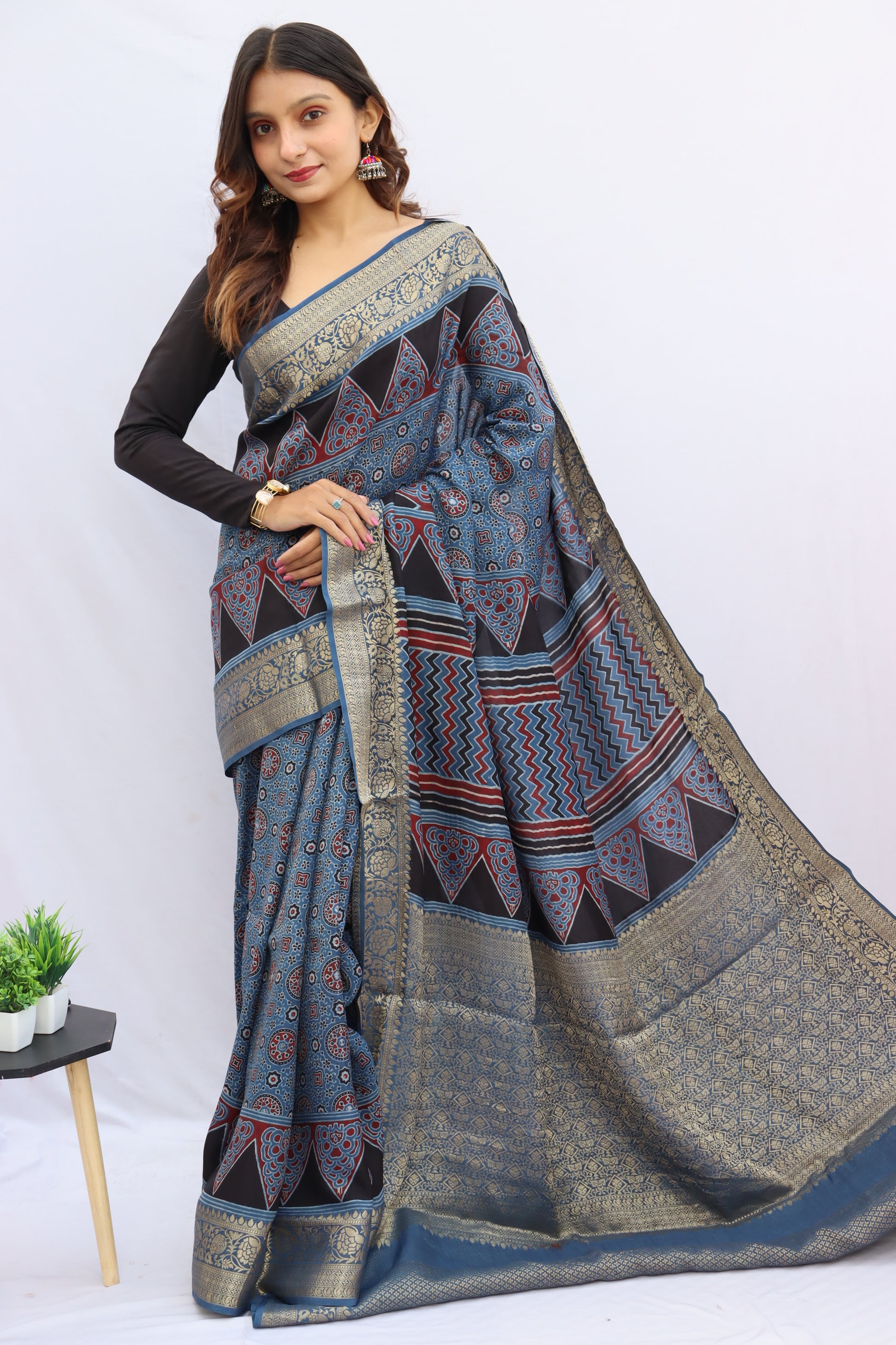 Ajrakh Rich Dola Silk Saree