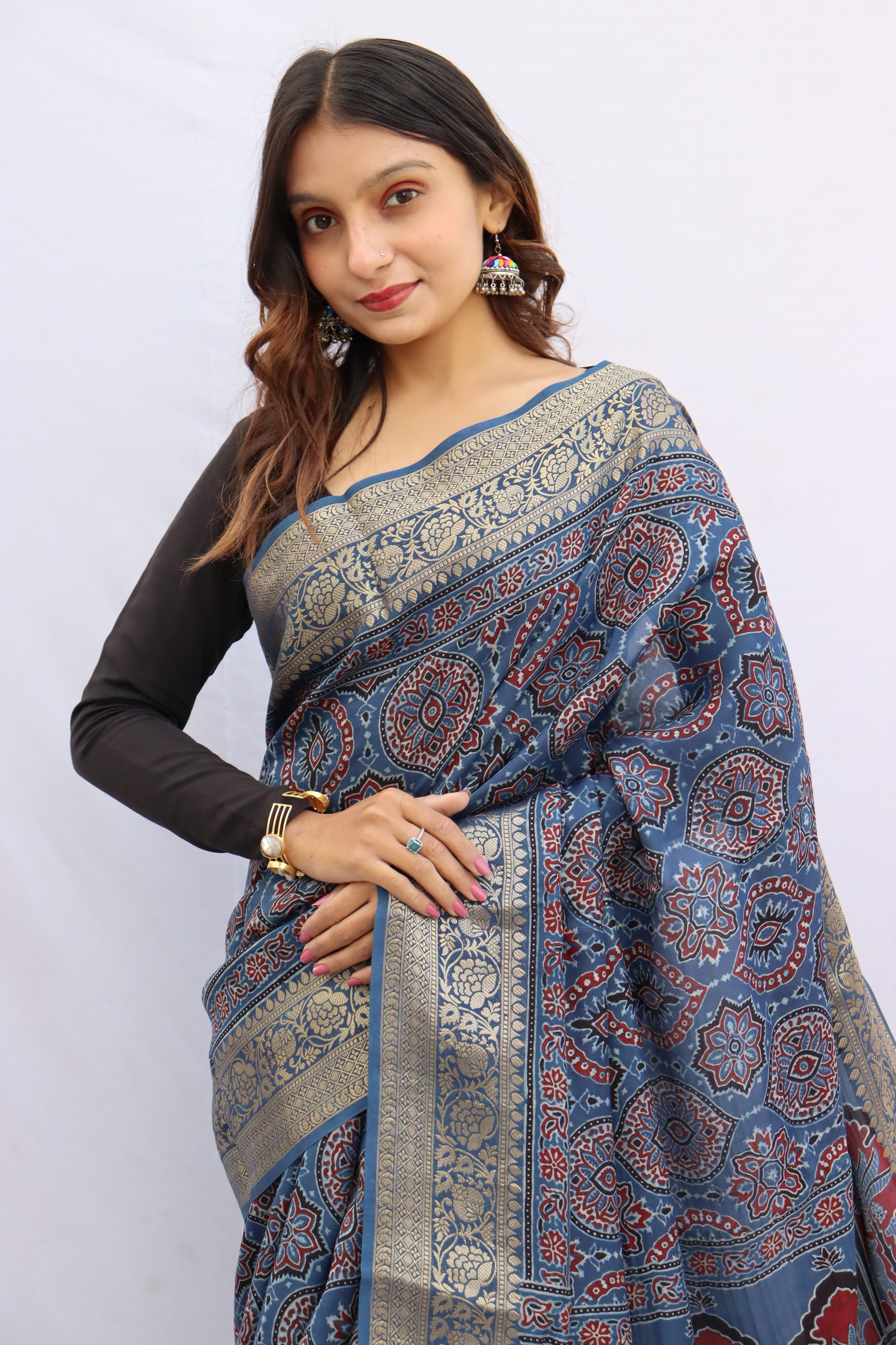 Ajrakh Rich Dola Silk Saree