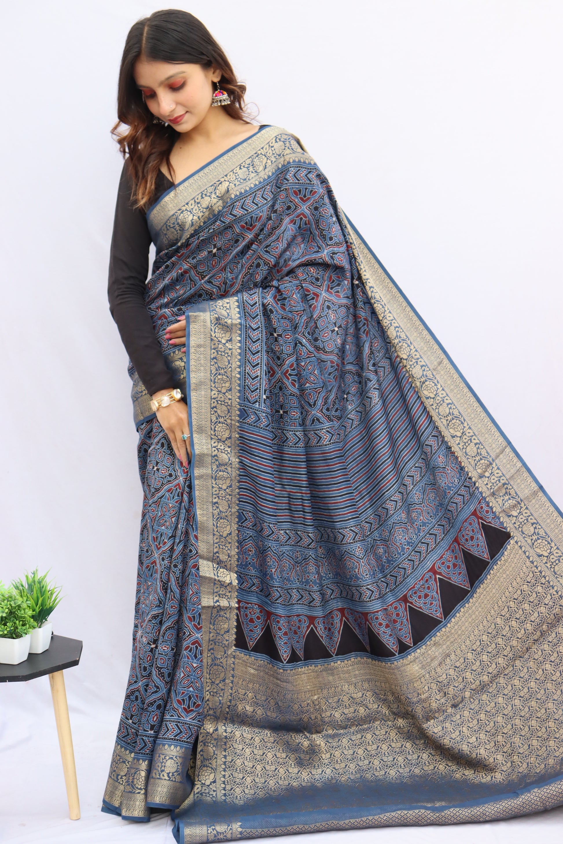 Ajrakh Rich Dola Silk Saree