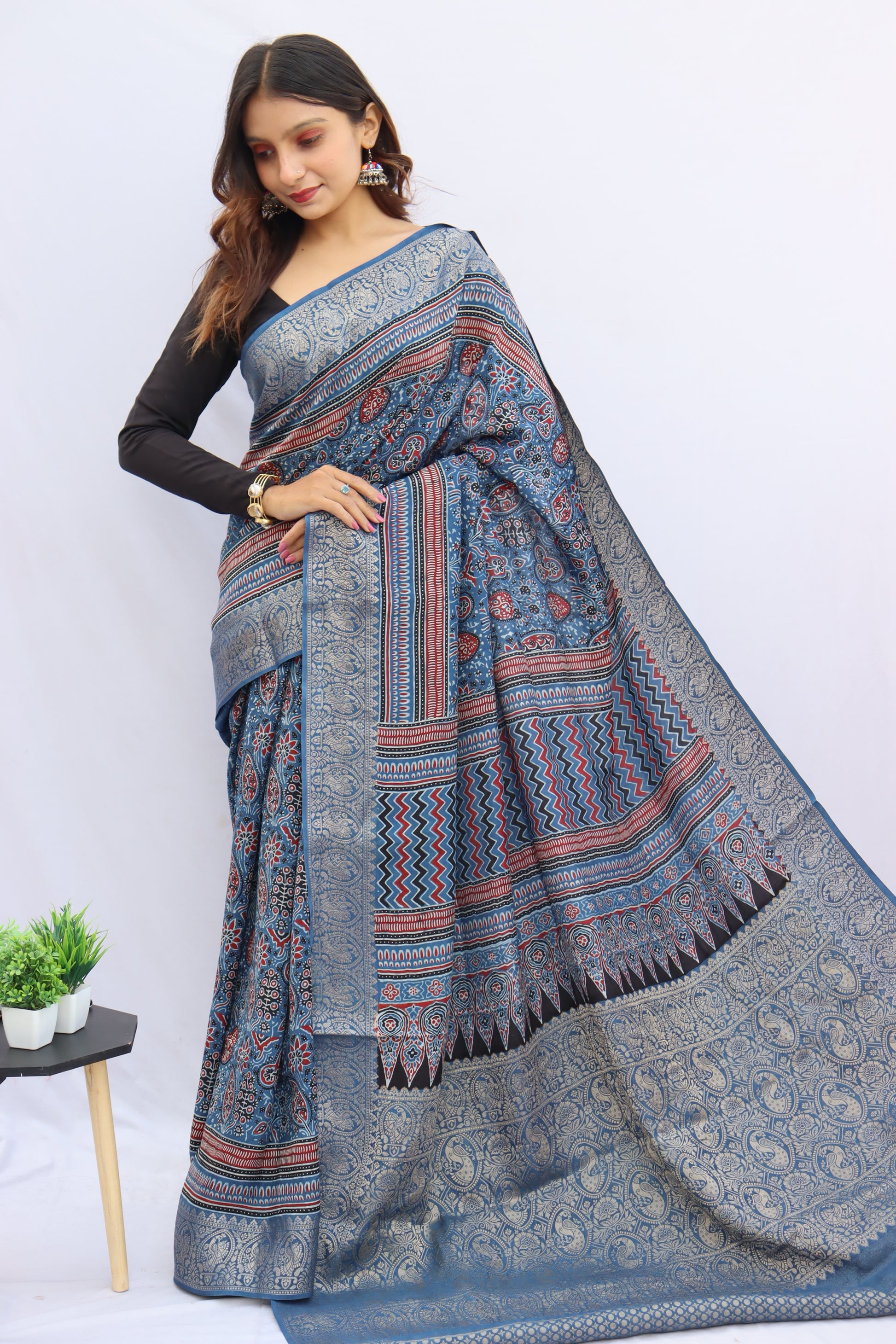 Ajrakh Rich Dola Silk Saree