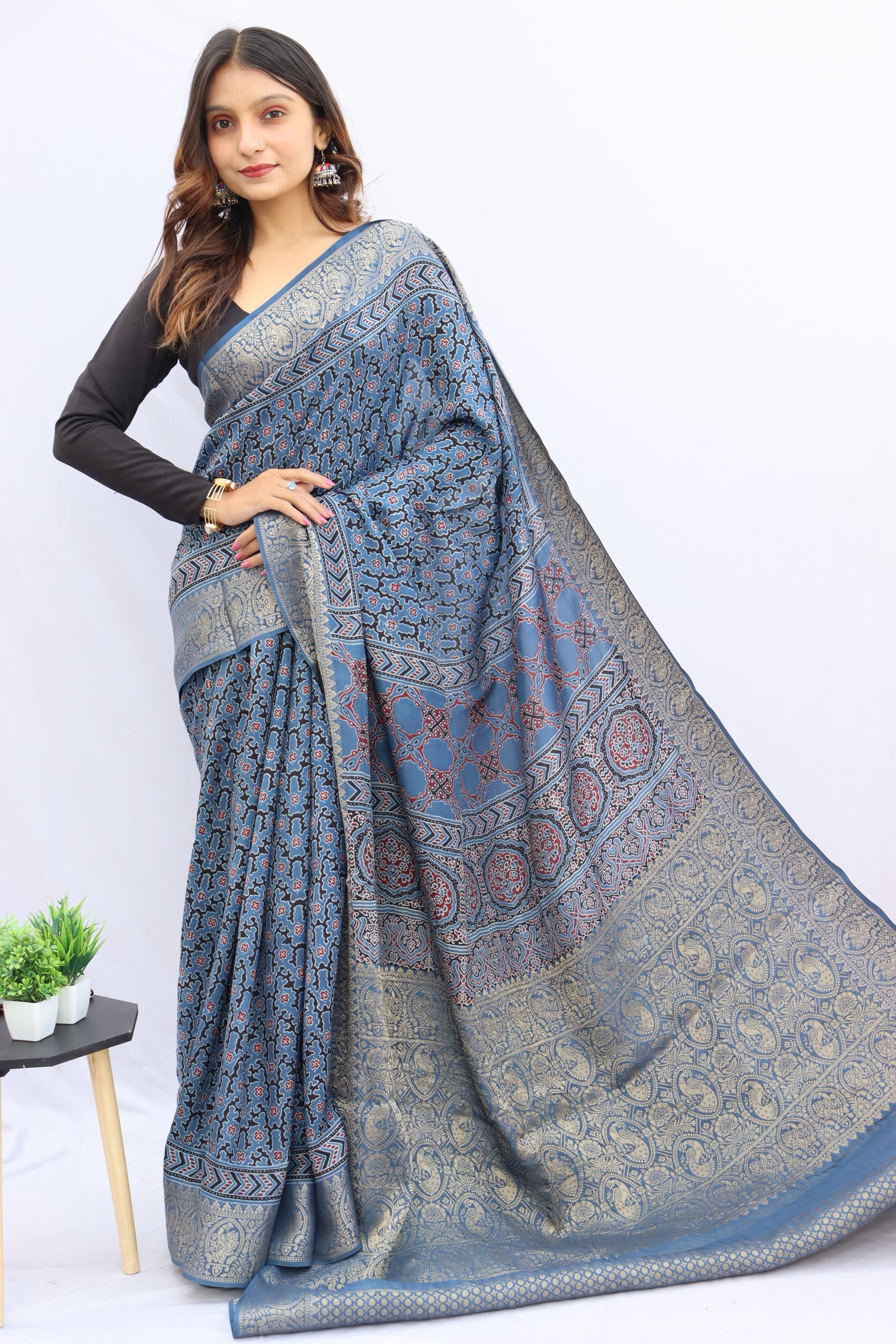 Ajrakh Rich Dola Silk Saree