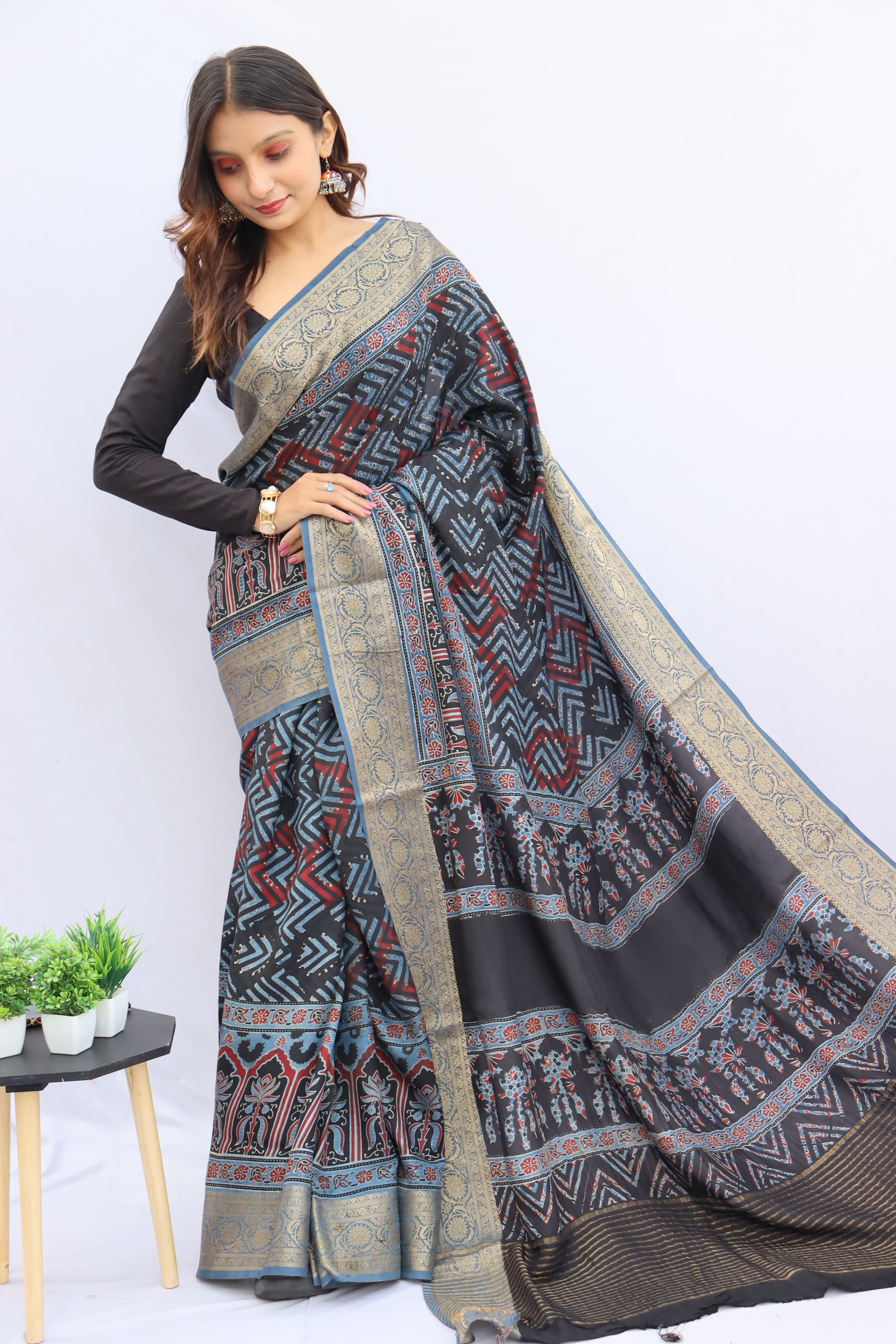 Ajrakh Dola Silk Saree