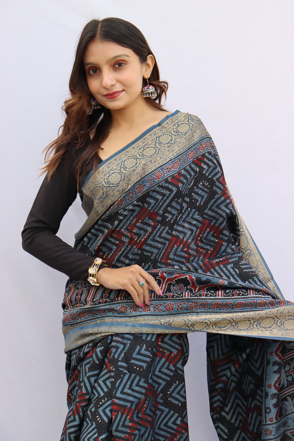 Ajrakh Dola Silk Saree