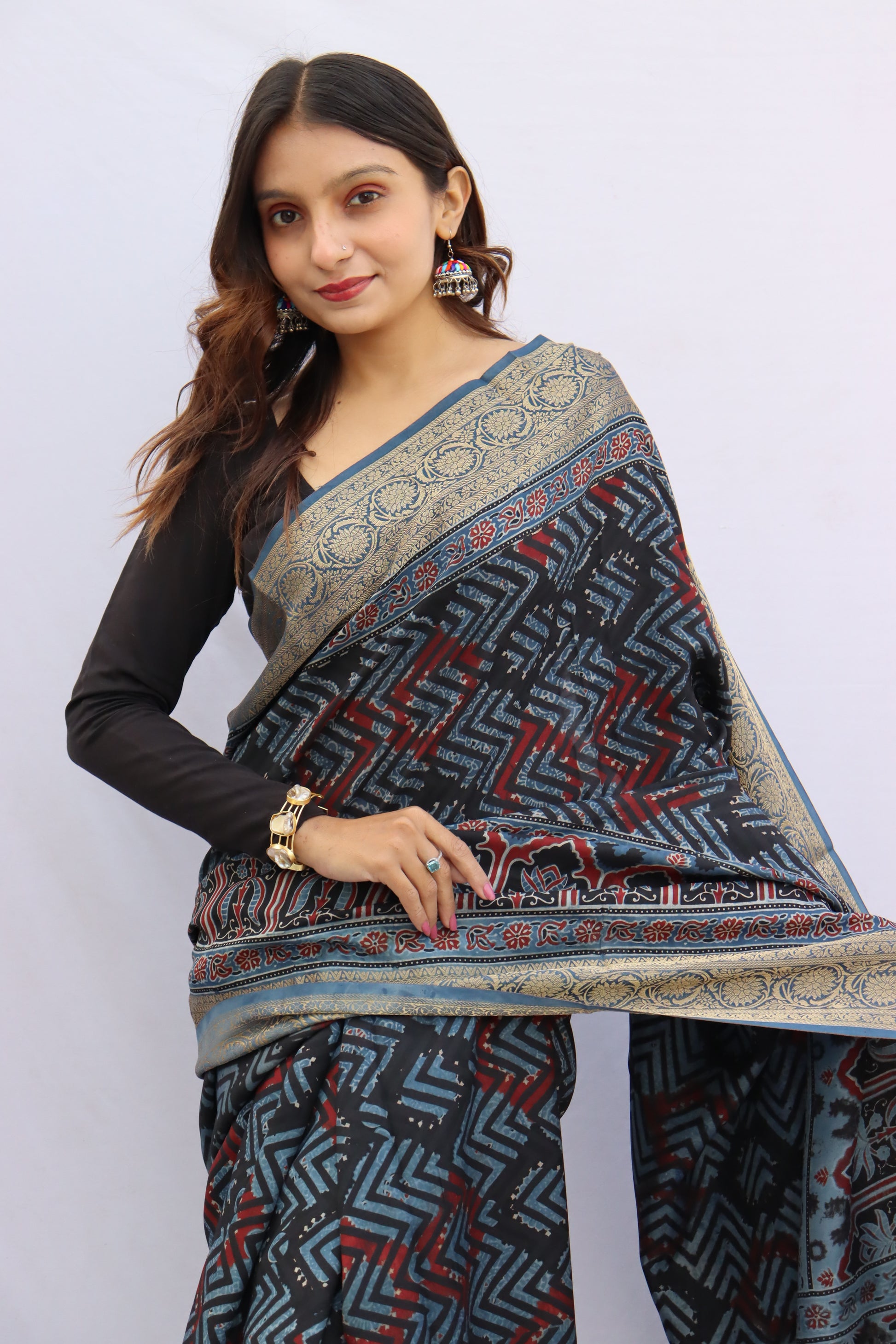 Ajrakh Dola Silk Saree