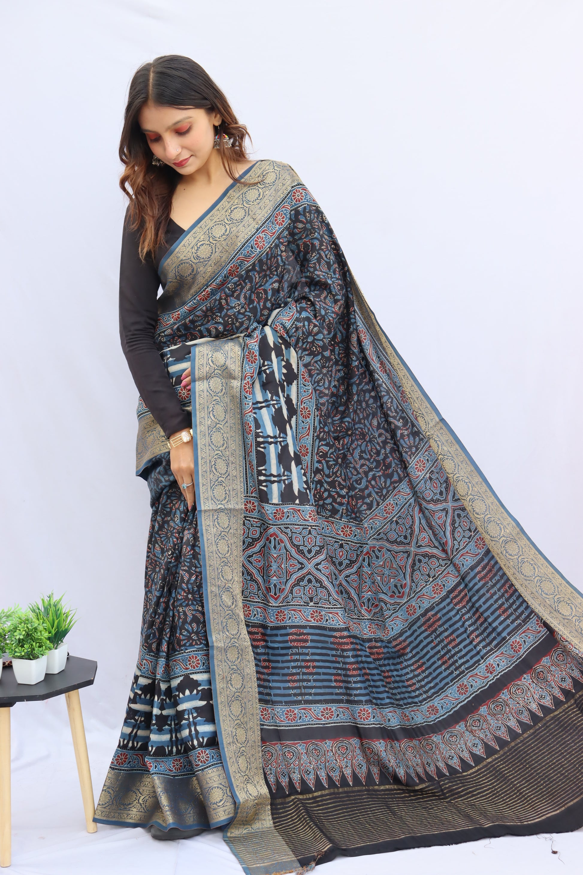 Ajrakh Dola Silk Saree
