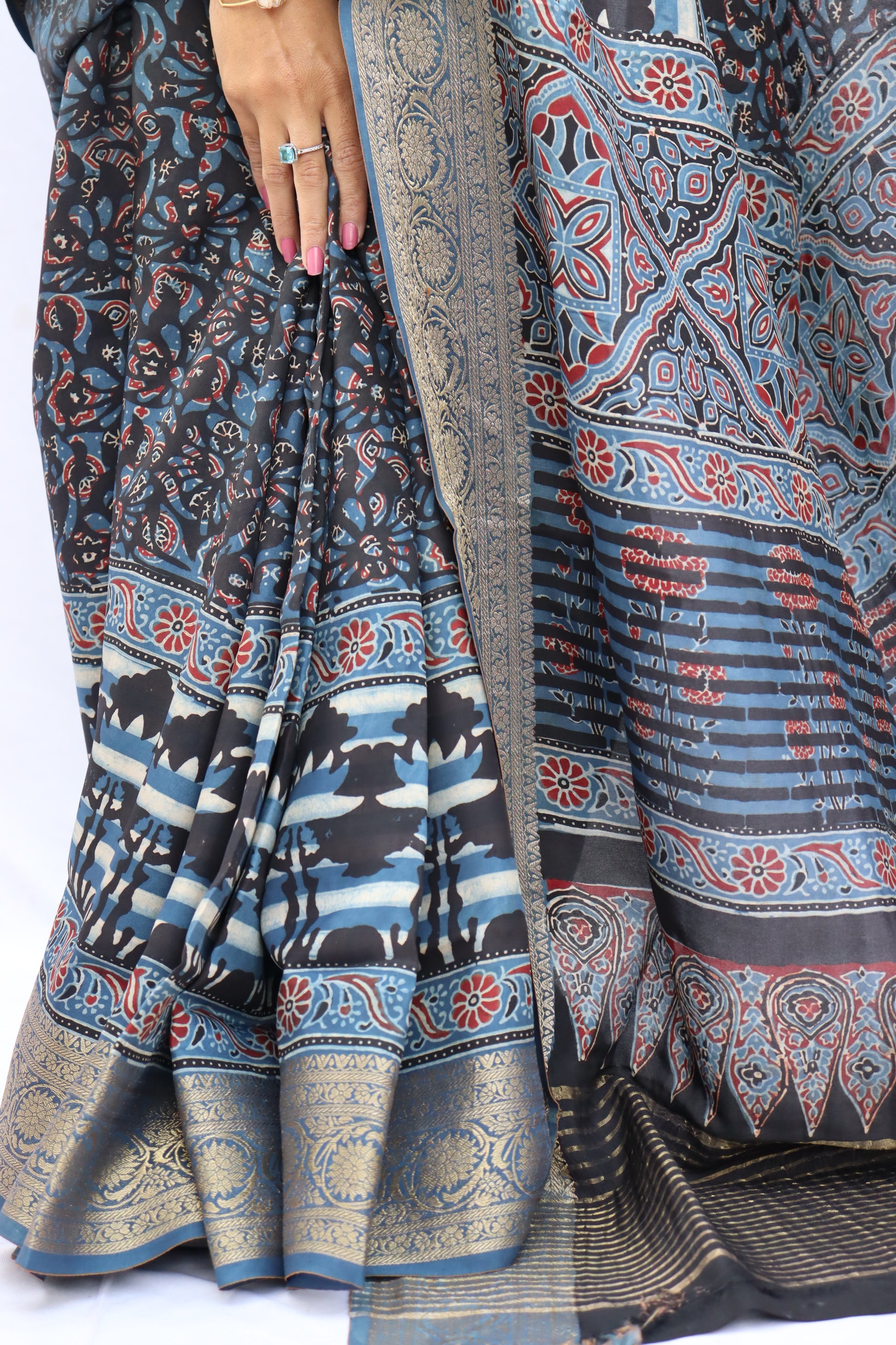 Ajrakh Dola Silk Saree