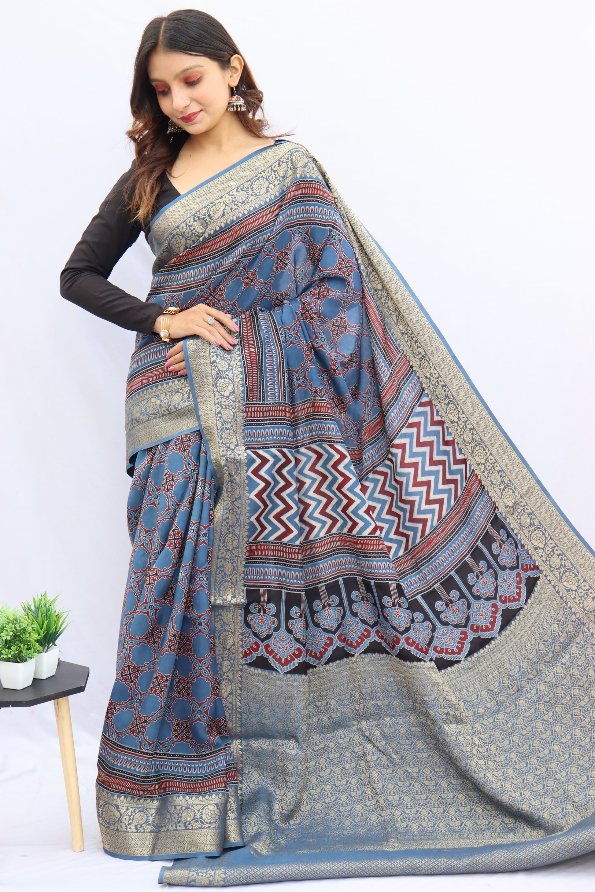 Ajrakh Rich Dola Silk Saree